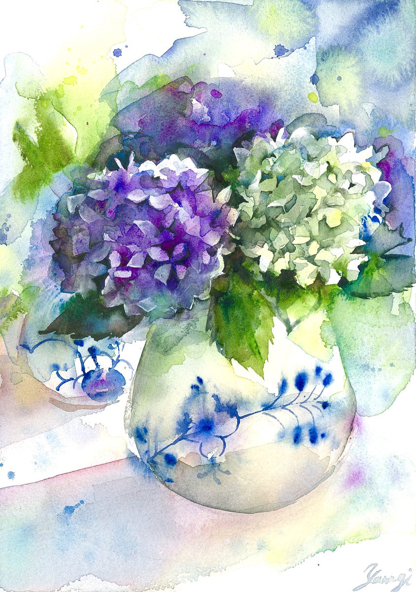 水面と紫陽花 #透明水彩 #水彩画 #art #watercolor