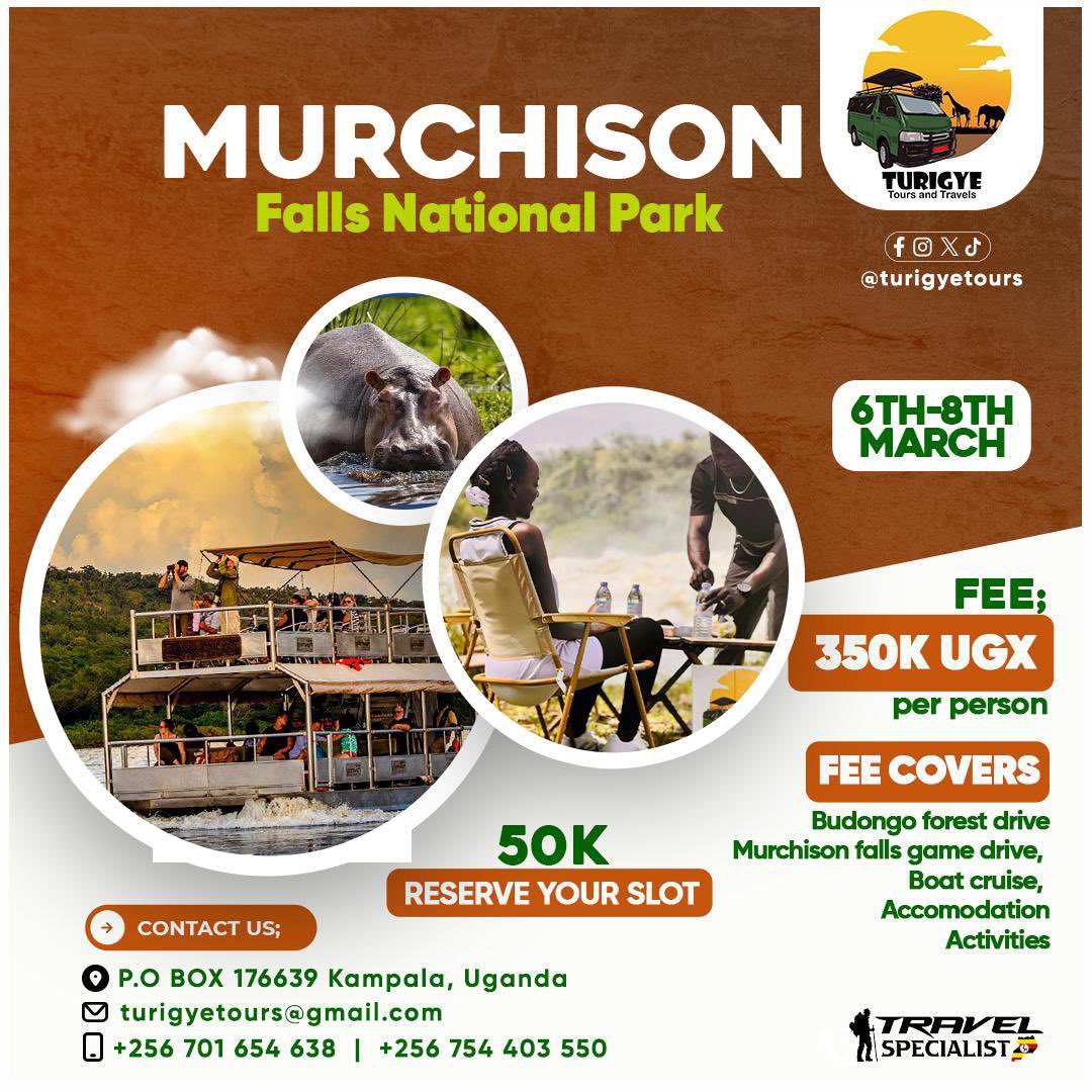 March is drawing near and the call of the wild is impossible to ignore. 

From 6th–8th March, <a href="/turigyetours/">Turigye Tours</a> together with <a href="/Uganda_Expozed/">ᴛʀᴀᴠᴇʟ ꜱᴘᴇᴄɪᴀʟɪꜱᴛ 🇺🇬</a> invite you to discover the untamed beauty of Murchison Falls National Park as a destination where roaring falls,thrilling game drives,sweeping