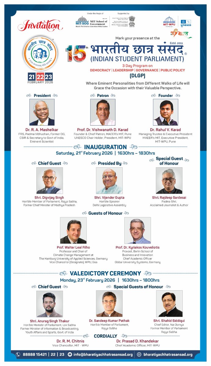 Gupta_vijender's tweet photo. Today in Pune, I will be addressing the inaugural session of the 15th Indian Students’ Parliament.

This platform has consistently encouraged young Indians to engage with the ideas of democracy, constitutional values, public life, and responsible citizenship. The samvad with student participants will focus on listening to their thoughts, understanding their concerns, and exchanging views on the role of youth in shaping India’s democratic institutions.

@BCSConclave