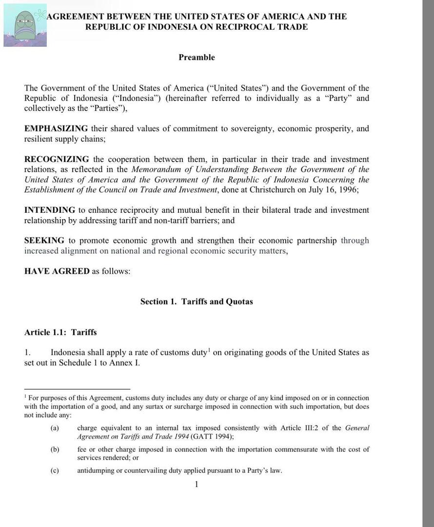 💚 karena pemerintah kita ga bisa lagi bilang ke knetz kalau negara mereka “kroni amerika” karena kita lebih diinjek bahkan jadi “budak amerika”.

kalau kalian baca isi klausul ini ngeri banget, seolah negara kita digadaikan tanpa batas waktu
