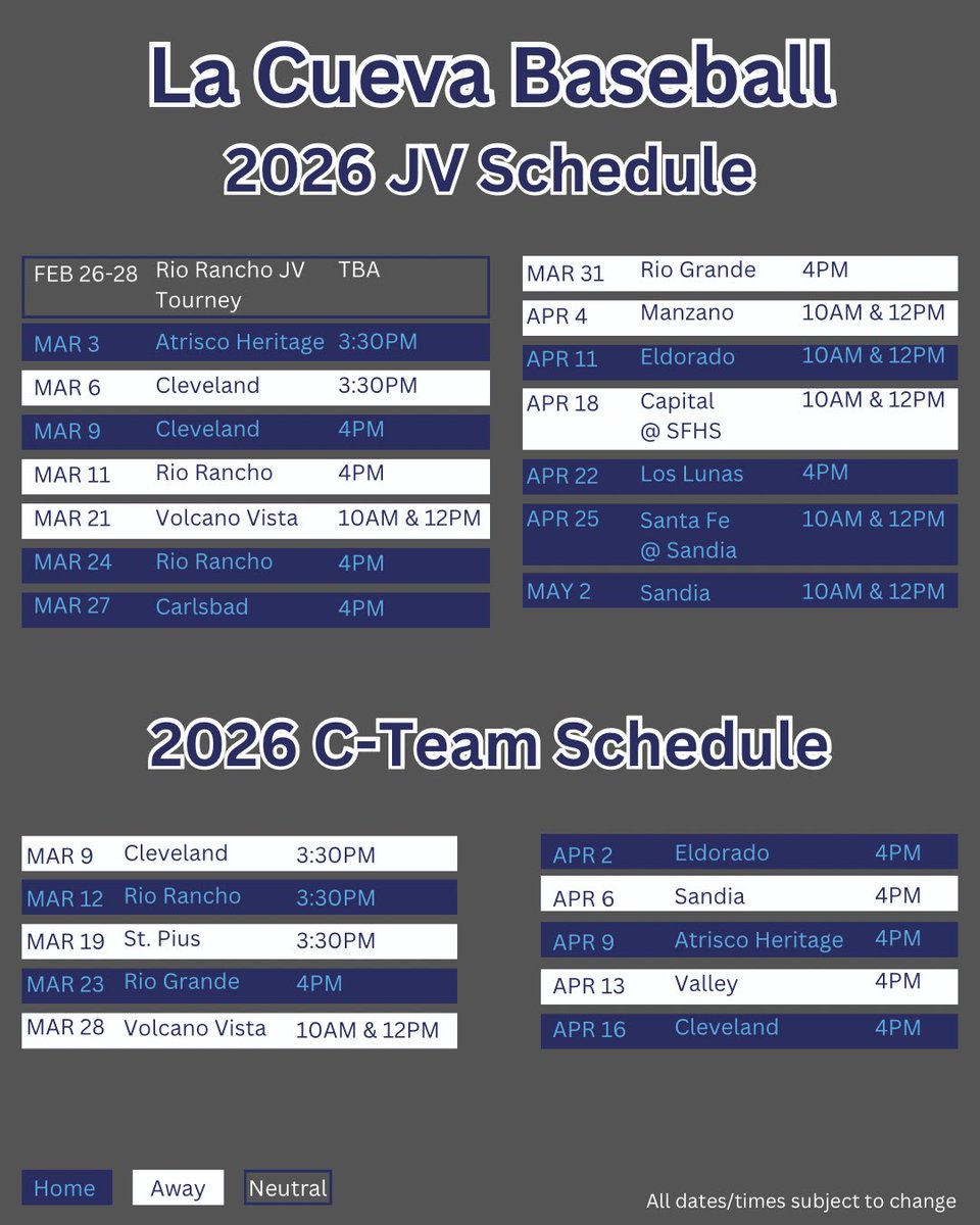 LaCuevaBaseball's tweet photo. 2026 Season Schedule https://t.co/WQzzCojOlC