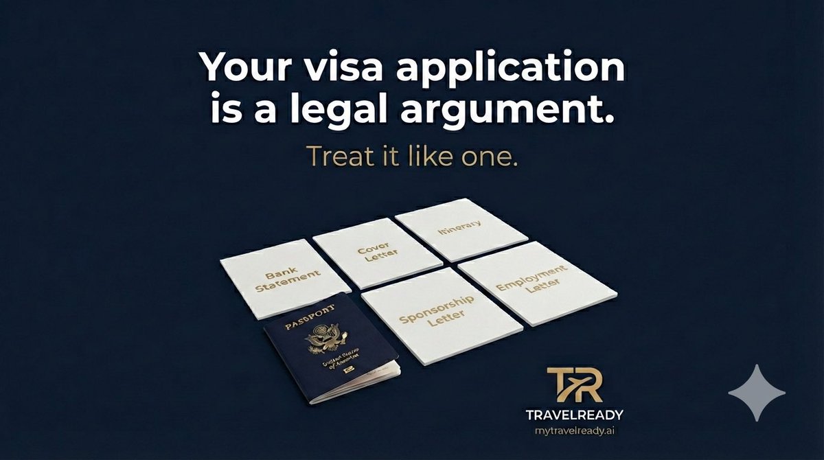 mytravel_ready's tweet image. Your visa application is a legal argument. Treat it like one.

Bank statement = financial credibility
Cover letter = stated intent
Itinerary = logical planning
Employment letter = ties to home

Stop filing paperwork. Start building a case.

→ mytravelready.ai

#VisaTips