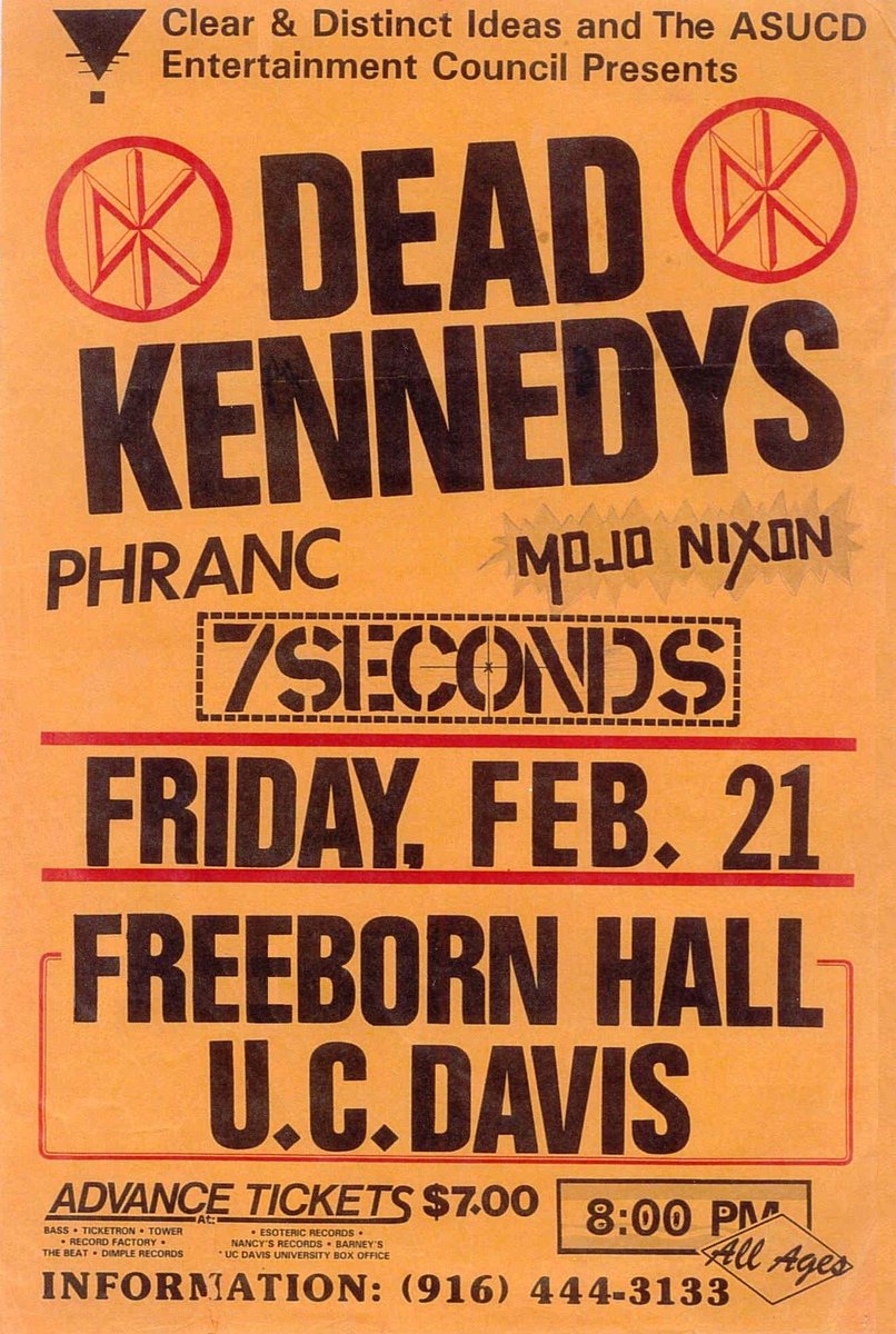 One of the greatest punk rock bands of all time, fractured and irreconcilable 🤬 💔 

40 years ago today, 
The Dead Kennedys played their last concert with Jello Biafra at UC Davis' Freeborn Hall, February 21, 1986

Phranc, Mojo Nixon, and 7 Seconds were the support acts.

#punk