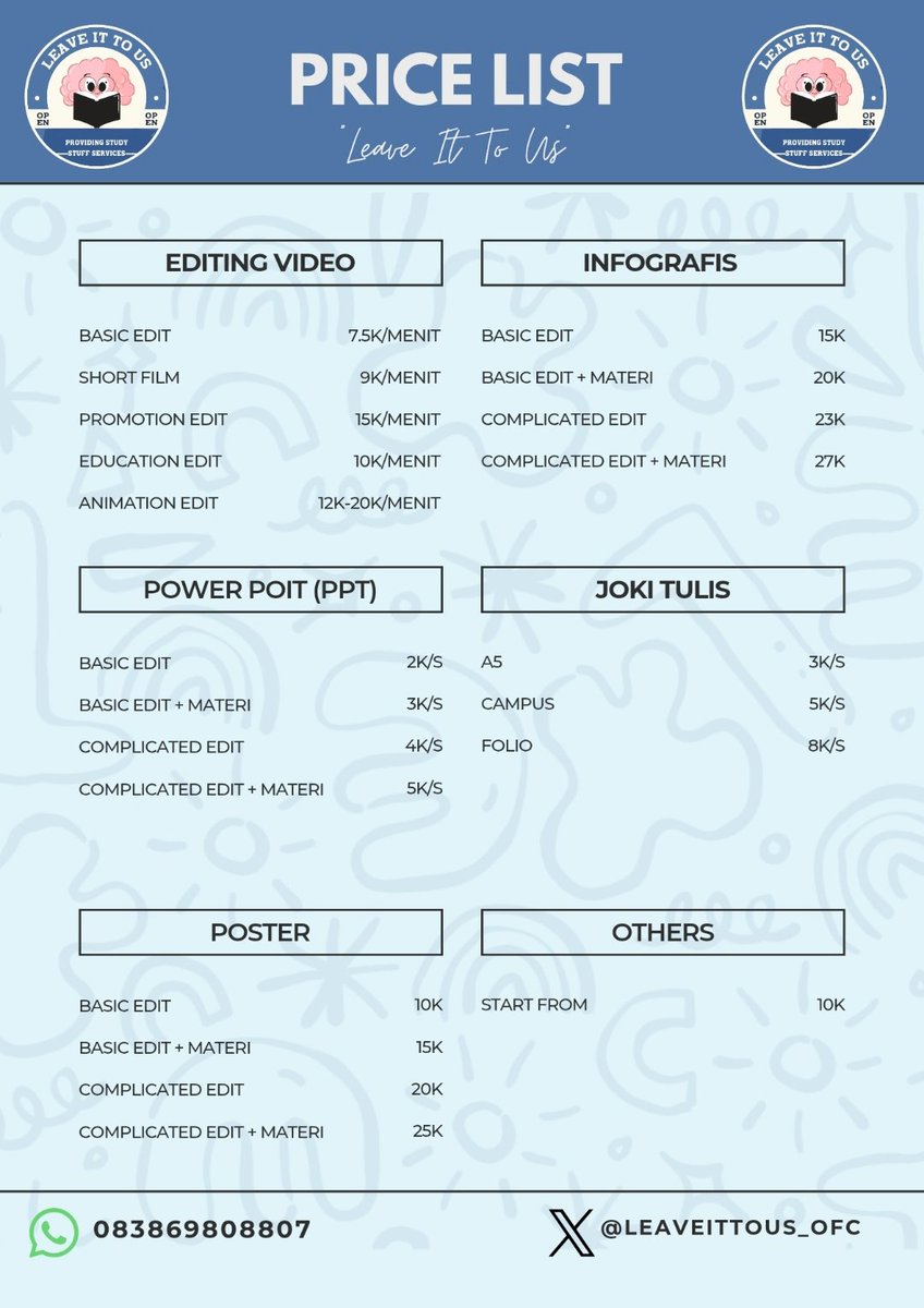 giovsunivers's tweet photo. Hallooo guys, aku open joki video, edit video, animasi, cinematic, Edu, dll start di 7,5k aja ya per menit nyaaa^^ 
Untuk pl ada di pin postingan acc akuu! Yg mau nanya nanya/ minat boleh bngt langsung chat wa di bawah!

https://t.co/ZyPd0Ivn4C

#zonauang️ #zonaba #jokitugas https://t.co/3pIsfeJ7kf