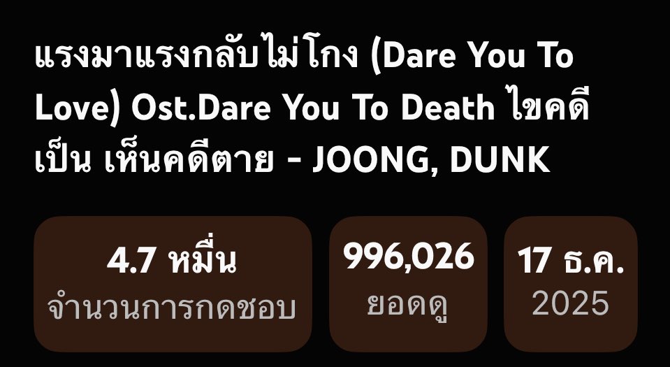 ใกล้ 1M+ มากๆแล้ว 🔥🙌

#DareYouToLove_MV 
#DareYouToDeath 
#จุงดัง #JoongDunk