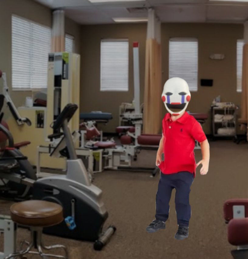 This was my first time at a chiropractor's (this dude just front ended our car so they sent us to get checked) and I didn't know they were gonna put me on some weird electric / massage machine thingies 💀 Also this lil kid walked in with a marionette from fnaf mask. 
I felt like: