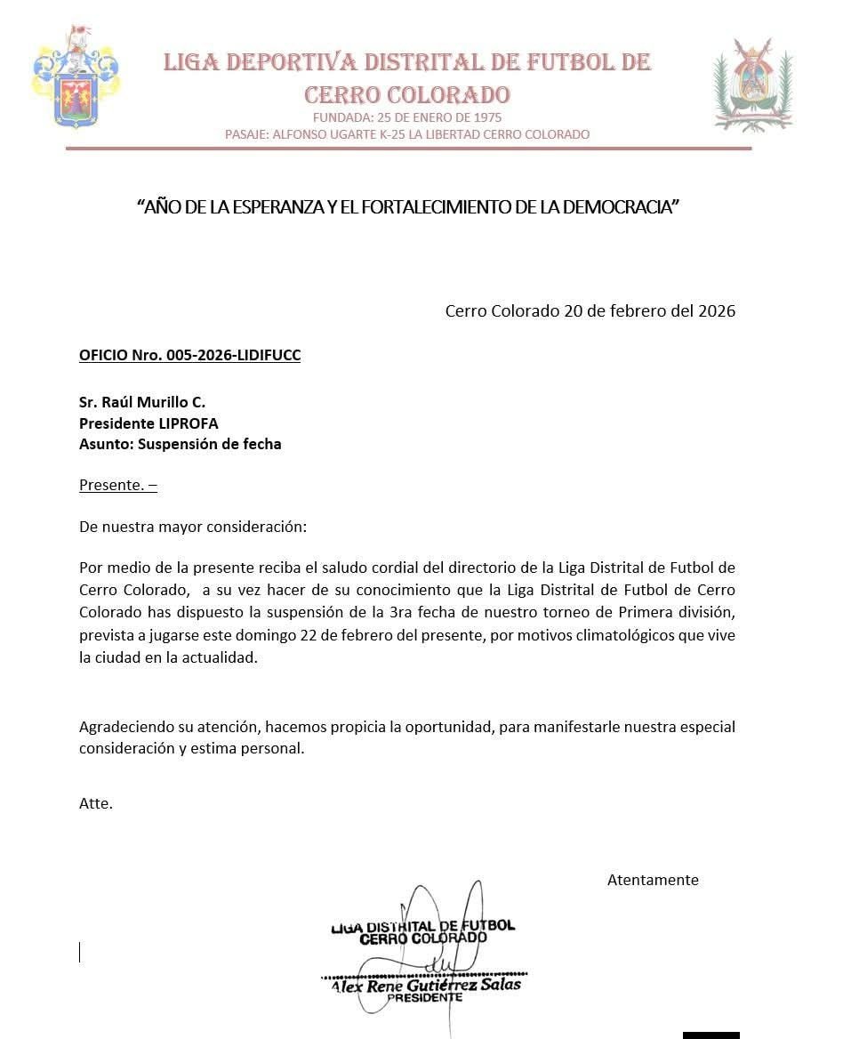 SegundaPeru's tweet image. #CopaPeru Se suspende la 3ra fecha de la Liga Distrital de Cerro Colorado (Arequipa) por motivos climatológicos 🌧️