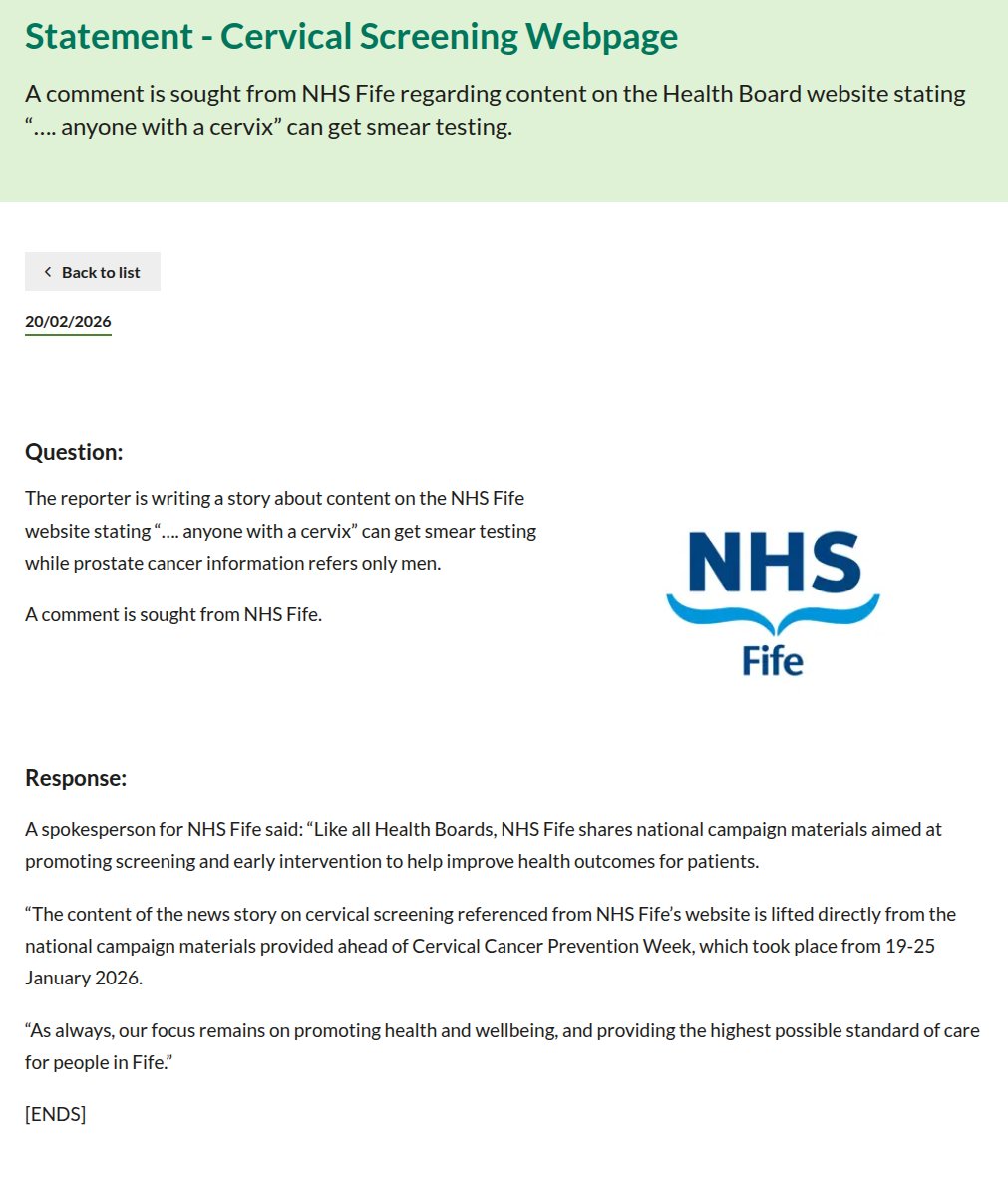 zeno001's tweet photo. Has @nhsfife learned nothing about the dangers of gender ideology?

"“…. anyone with a cervix” can get smear testing"

Are they unaware of the negative consequences of using such obscure language?

https://t.co/vJloVdzPq3

#SandiePeggie

1/2 https://t.co/rRSSHXGpVP