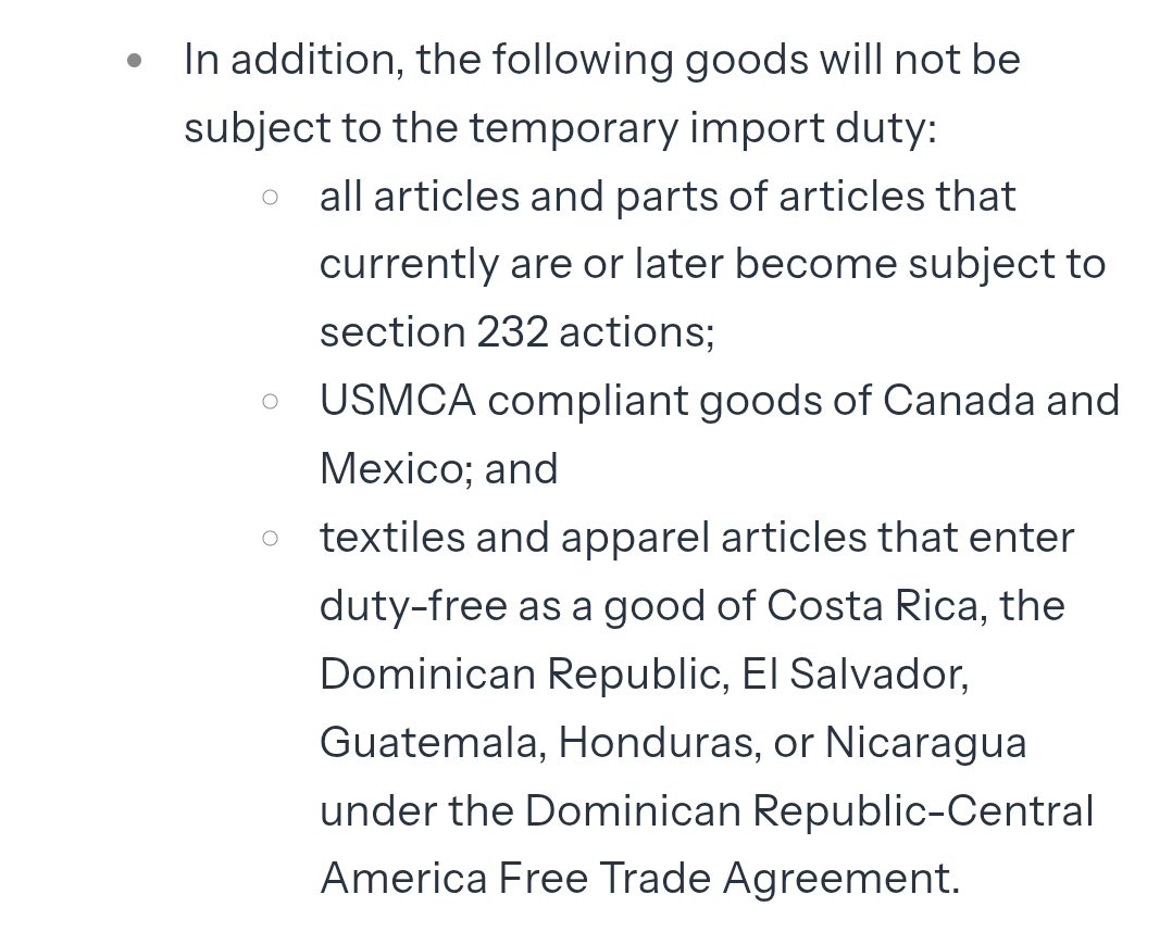 ⚠️🚨Mexico and Canada remain outside the new 10% global tariff.

Goods that comply with USMCA/CUSMA, and are not subject to national security tariffs (S.232), are exempt from Section 122.

Mexico and Canada keep preferential access to the US market as special partners.