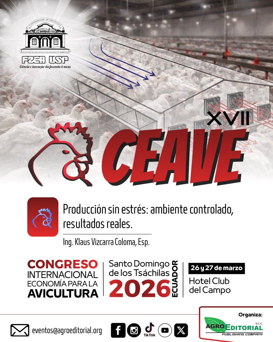 📢 Conferencia Magistral | CEAVE 2026

👨‍🔬 Ing. Klaus Vizcarra Coloma, Esp.
🇪🇨 Ecuador 
📅 26 y 27 de marzo
📍 Hotel Club del Campo – Santo Domingo de los Tsáchilas

🤝 Contenido técnico de alto nivel.
👉 Inscríbete: eventos@agroeditorial.org

#CEAVE2026 #AviculturaEcuatoriana