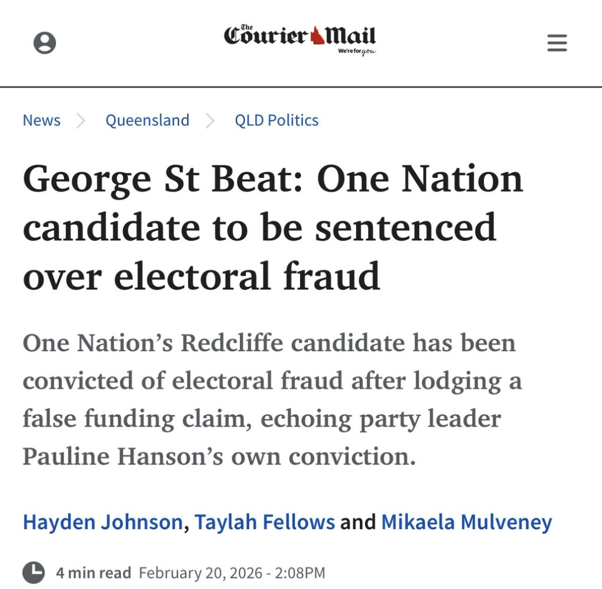 Good morning! Just letting you all know that Redcliffe One Nation candidate Simon Salloum has been found guilty of electoral fraud!

And I’m sure Pauline would hate it if this got out to the wider public!
