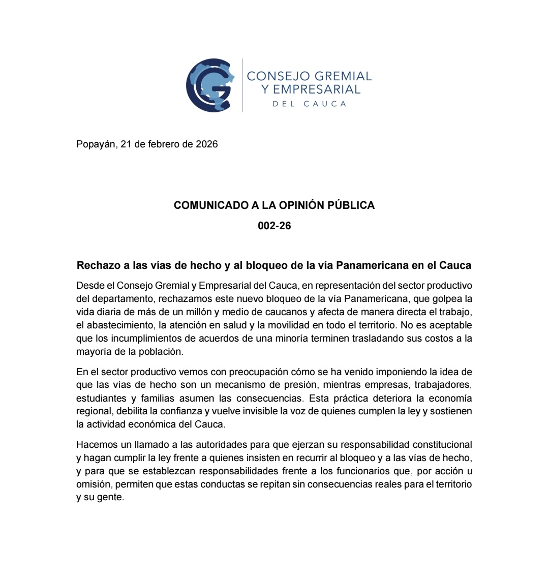 <a href="/CGECauca/">Consejo Gremial y Empresarial del Cauca</a> rechaza vías de hecho en el Cauca por nuevo bloqueo en la vía Panamericana, hacemos un llamado a las autoridades para que ejerzan su responsabilidad constitucional y garanticen las garantías de la mayoría de la población.
