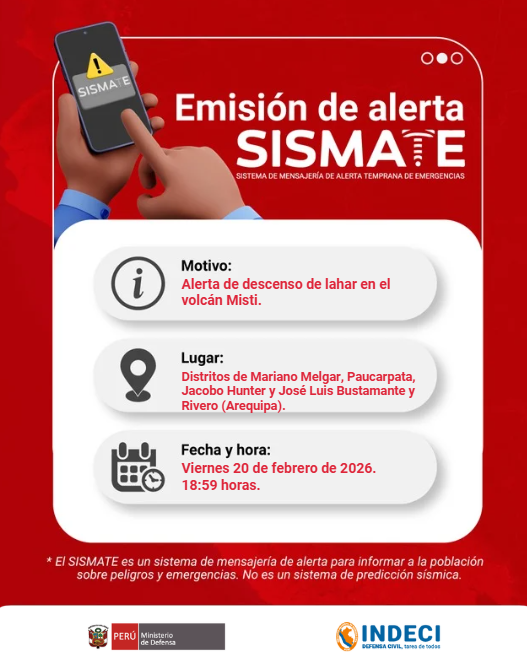COENPeru's tweet photo. Emisión de Mensajería N.° 073-2026 | Alerta por descenso de #Lahar en el volcán Misti. | @igp_peru
⚠️ Riesgos asociados: afectación a viviendas, cultivos y vías de comunicación.
🚨 Aléjate de las quebradas y evita transitar por puentes y badenes.
🚨 Se recomienda identificar las zonas seguras, rutas de evacuación y puntos de reunión. Prepara tu Mochila para Emergencias y sigue las orientaciones emitidas por las autoridades competentes.