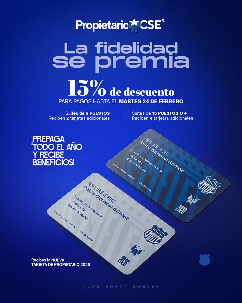 Tu fidelidad tiene beneficios 💙

Prepaga tu año hasta el martes 24 de febrero y obtén 15 % de descuento.

• Suite de 9 puestos + 2 entradas gratis 
• Suite de 15 puestos + 4 entradas gratis

Obtén tu nueva Tarjeta de Propietario 2026 y disfruta de beneficios exclusivos durante