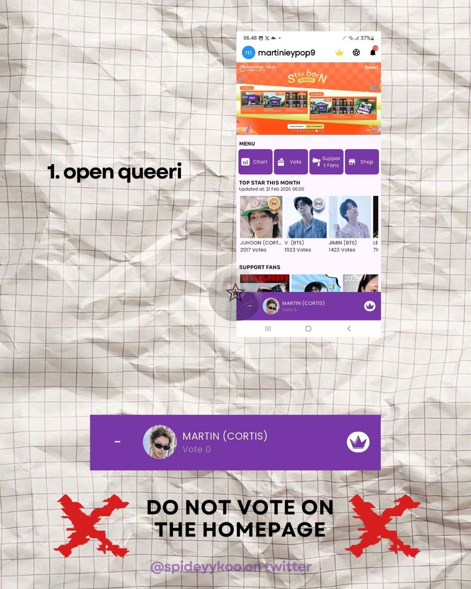 spideyykoo's tweet photo. 📊 MARTIN VOTE | QUEERI - Star Born in March

Sekarang MARTIN berada di posisi ke-5 di Queeri. Ayo voting dengan cara :
✮—​  Cek Kehadiran
✮—​ Tonton Iklan 20/20

📲 https://t.co/lR4Mef1Eb3?…
🧩 1 Vote = 15 Gold Crown
⏰️ 25 Februari 2026 (15:00 WIB)

#MARTIN #VoteforMartin https://t.co/YhwSLPp5fE