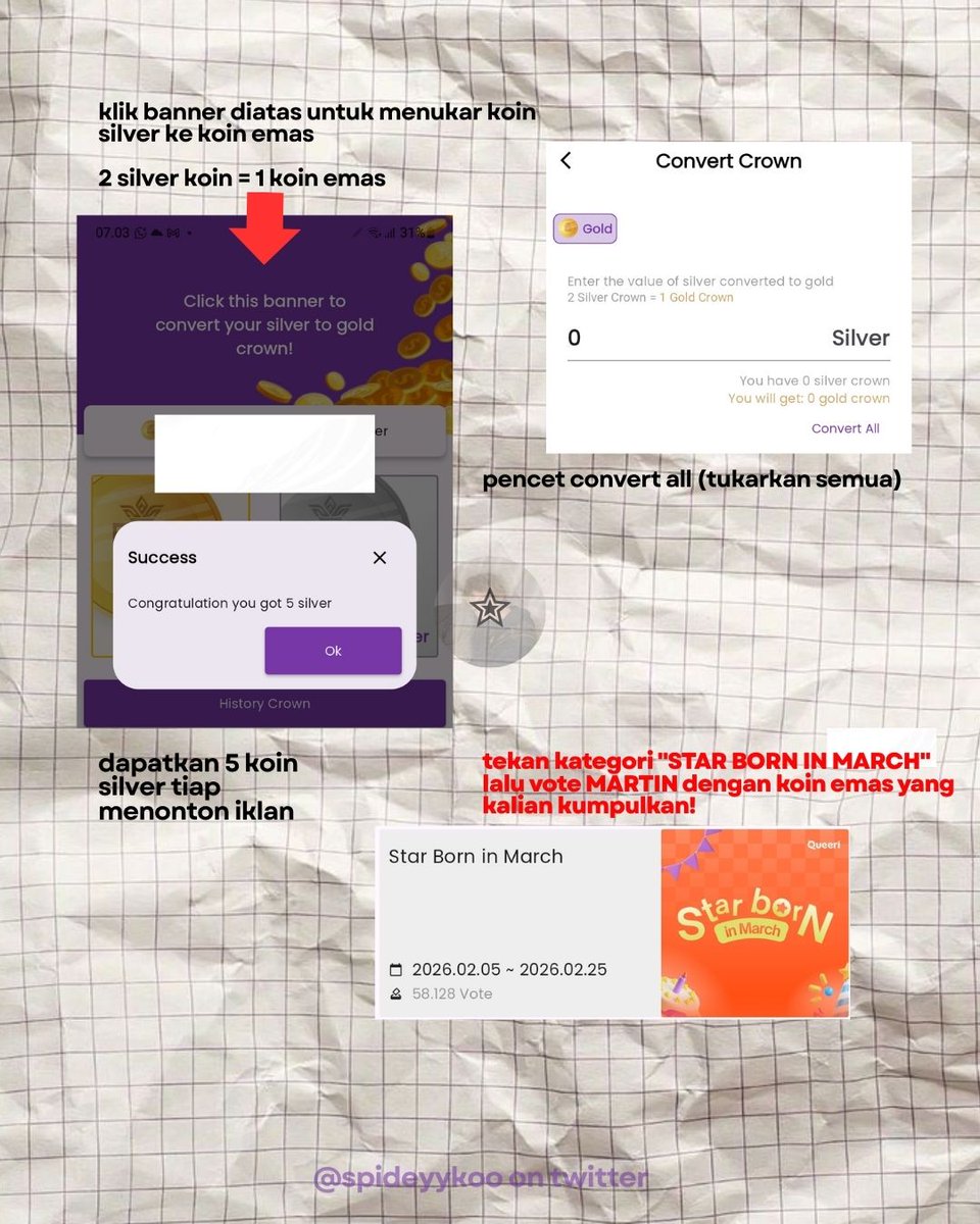 spideyykoo's tweet photo. 📊 MARTIN VOTE | QUEERI - Star Born in March

Sekarang MARTIN berada di posisi ke-5 di Queeri. Ayo voting dengan cara :
✮—​  Cek Kehadiran
✮—​ Tonton Iklan 20/20

📲 https://t.co/lR4Mef1Eb3?…
🧩 1 Vote = 15 Gold Crown
⏰️ 25 Februari 2026 (15:00 WIB)

#MARTIN #VoteforMartin https://t.co/YhwSLPp5fE