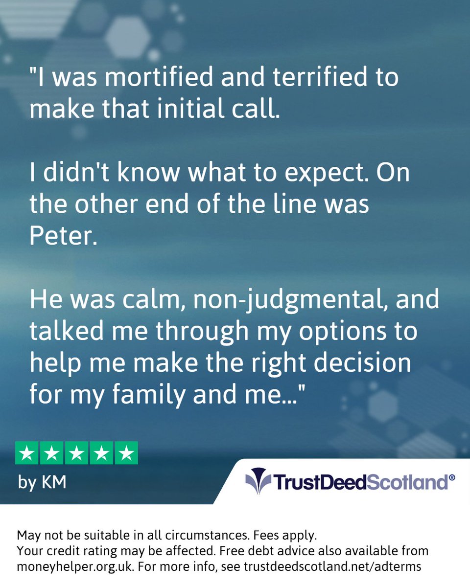 🆕 Trust Deed Scotland® ★★★★★ <a href="/Trustpilot/">Trustpilot</a> review by KM.

🗨️"I was mortified and terrified to make that initial call. 

I didn't know what to expect. On the other end of the line was Peter. 

He was calm, non-judgmental, and talked me through my options to help me make the