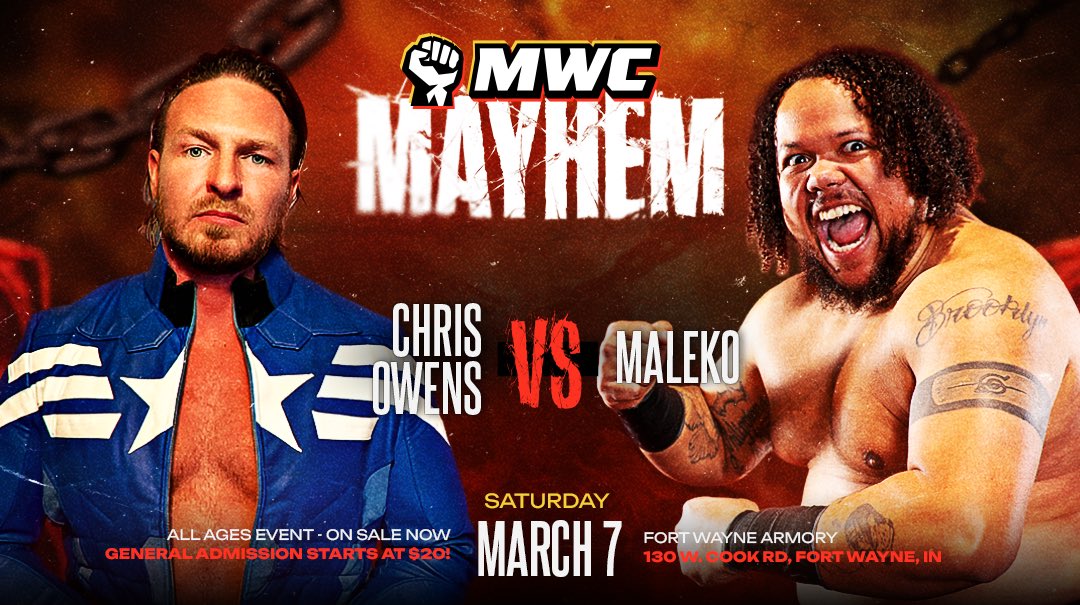 CombatMidwest's tweet photo. It's the weekend! So to celebrate here is our next match announcement for MWC Presents: MAYHEM!

Chris Owens is looking to right the ship this time around. However, that won't be an easy task when he steps into the ring with the crazed War Ready Maleko!

Will experience win out in this merch or will pure power? Grab your tickets today to find out!