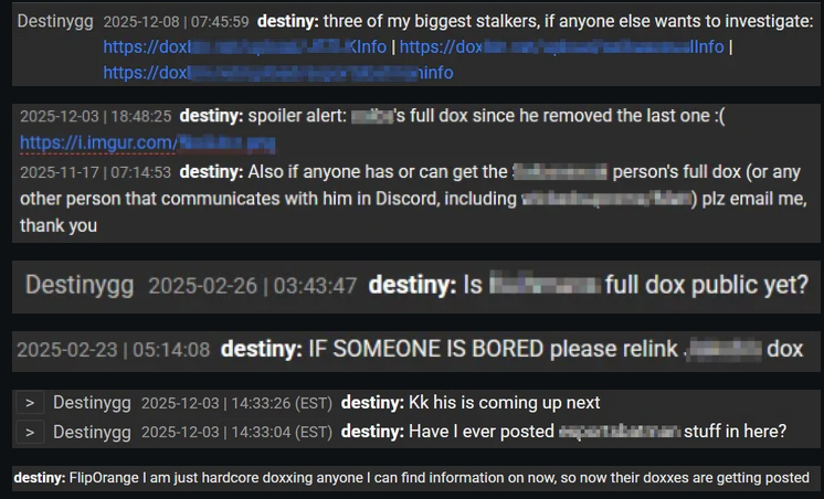gawk2000's tweet photo. I actually feel really bad I completely left out that destiny doxxed JSTLK's editor Ryle Kittenhouse. 

The below image isnt the receipt for that its actually more evidence of Destiny doxxing people to doxbin etc. I'm still looking for Ryle receipt. 

so 7 victims. https://t.co/8o7UxuVRji