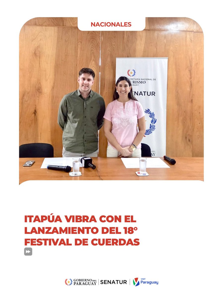 Senatur_Py's tweet photo. 🎸✨ Lanzamiento oficial del 18° Festival de Cuerdas ✨🎸

En el Turista Róga de Encarnación, espacio emblemático de bienvenida al visitante, se realizó el lanzamiento oficial y conferencia de prensa del 18° Festival de Cuerdas, que se llevará a cabo los días 27 y 28 de febrero en el Auditorio Agrodinámica de Hohenau.

El acto contó con la presencia de la Jefa Departamental de Itapúa, Lara Chamorro , y del Director de Turismo y Cultura de @hohenaumuni , Vito kruger 

Desde la Senatur acompañamos este gran evento que reunirá a destacados exponentes nacionales e internacionales, consolidándose como una de las principales citas para los amantes de la música de cuerdas en la región. 🎶

Invitamos a vivir dos noches únicas de arte y talento, con acceso libre y gratuito, celebrando nuestra cultura y fortaleciendo a Itapúa como destino de grandes eventos. 🙌✨

#FestivalDeCuerdas #Itapúa #TurismoCultural #TuristaRóga #Encarnación