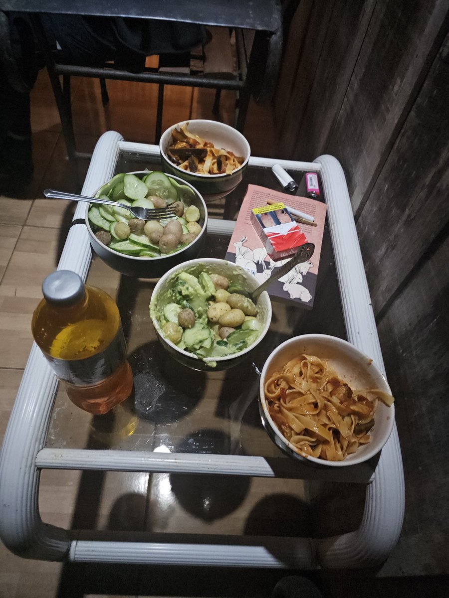 eggplant and mushrooms pasta with cucumber, avocado, jalapeño and potato salad