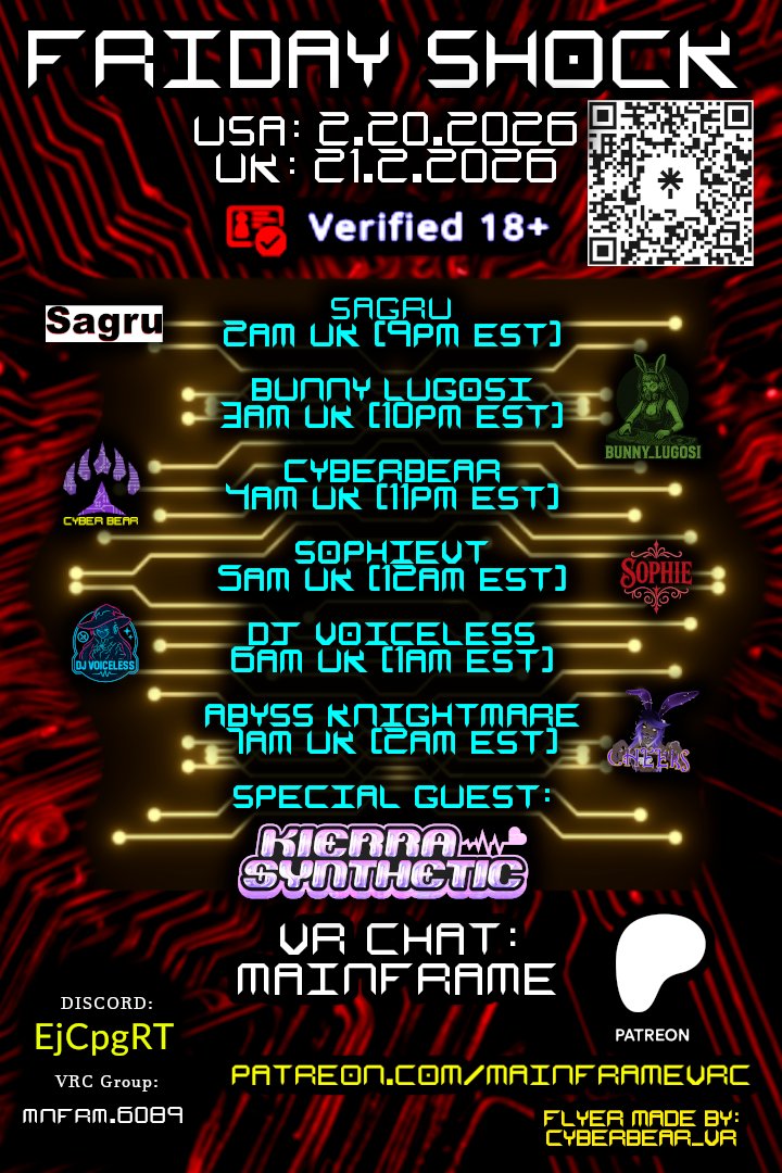 TONIGHT AT MAINFRAME! FRIDAY SHOCK! COME START YOUR WEEKEND OFF WITH 6 DJ'S GIVING YOU THE VIBES! WITH SPECIAL GUEST <a href="/KierraSynthetic/">KierraSynthetic</a> ! STARTS AT 9PM EST (2AM UK) MUCH LOVE! 💜 #VRChat #vr #dj #vrdj