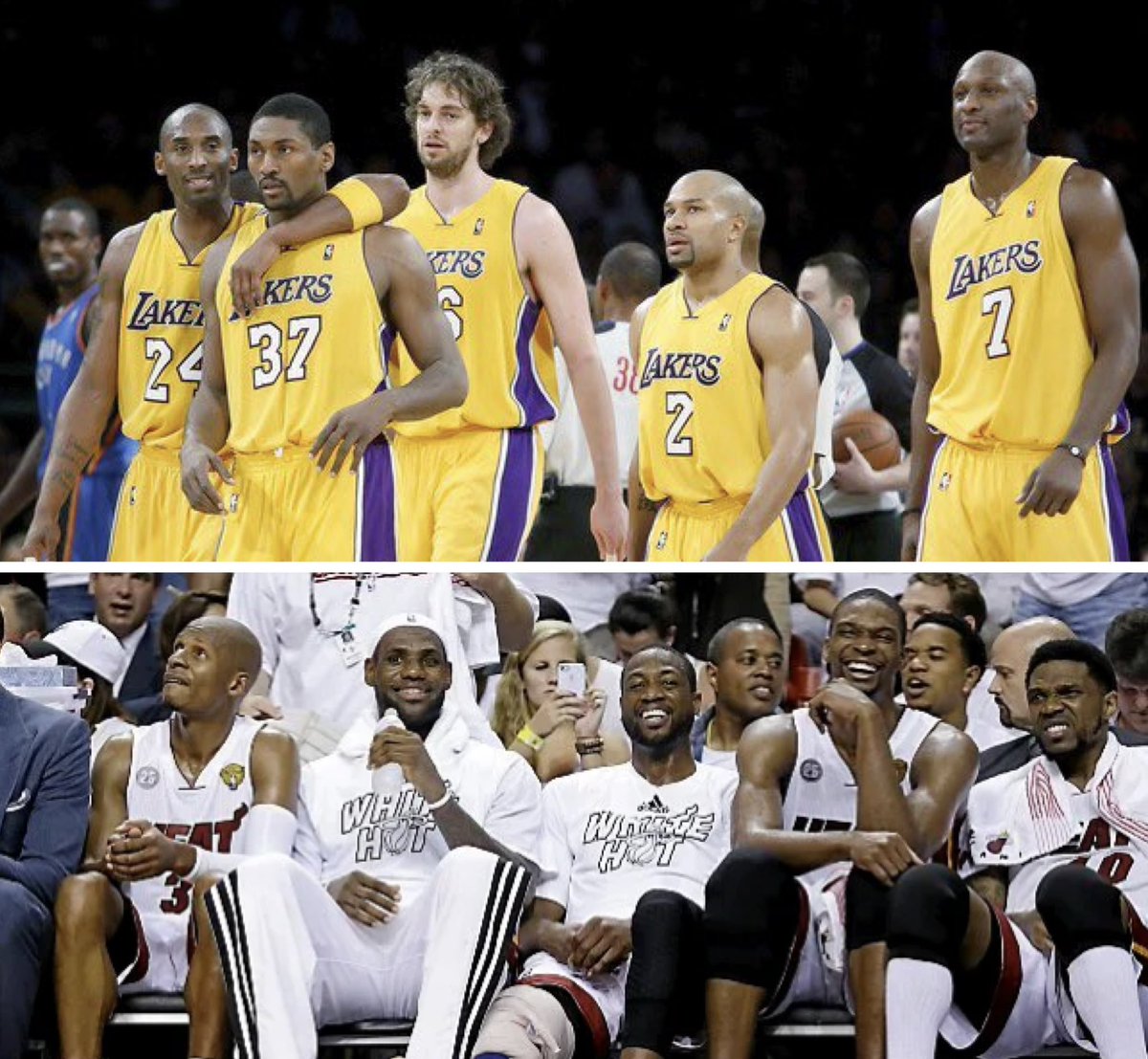 MarkIII824's tweet image. Both teams in this photo repeated and of the 2, only Kobe has ever 3peated, so how is LeBron a better ceiling raiser?