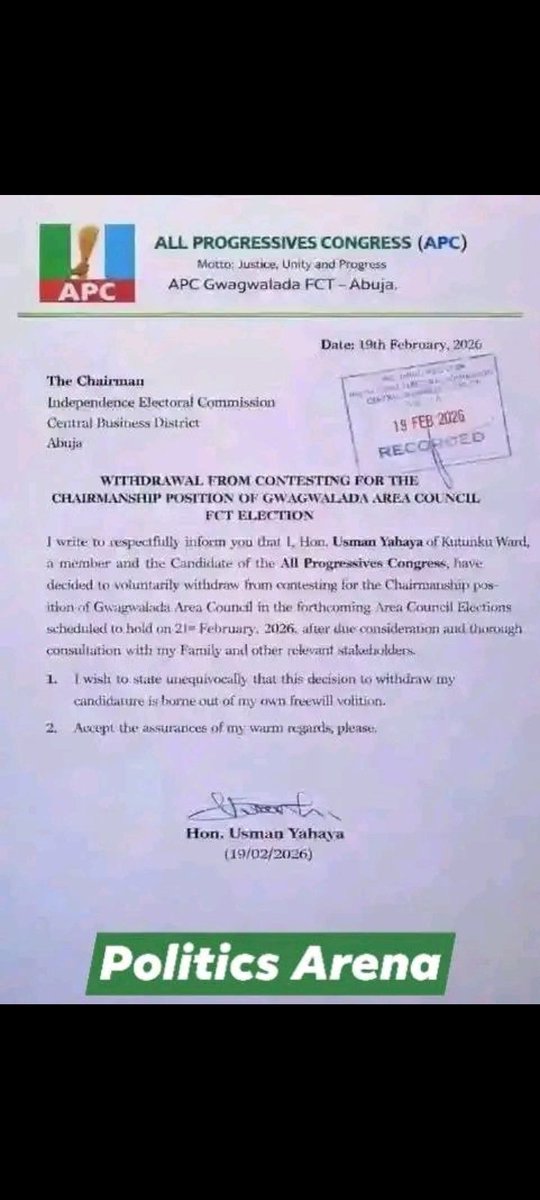 🚨BREAKING: PDP and APC candidates for Gwagwalada Area Council (FCT) have withdrawn from the race...See more