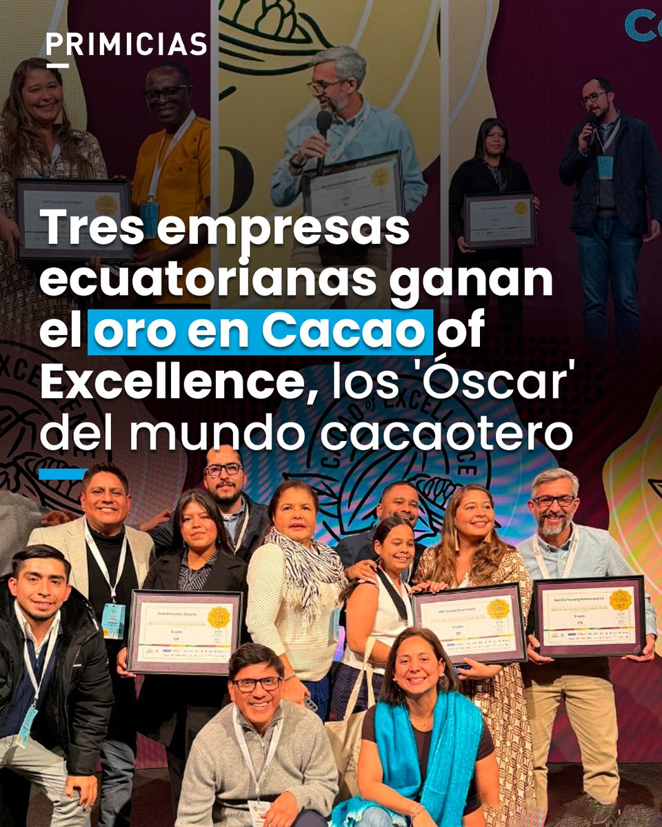 Tres empresas productoras de cacao fueron premiadas con oro a sus productos, en el concurso mundial "Cacao of Excellence", celebrado en Ámsterdam, Países Bajos.  prim.ec/req050Yj8Bm