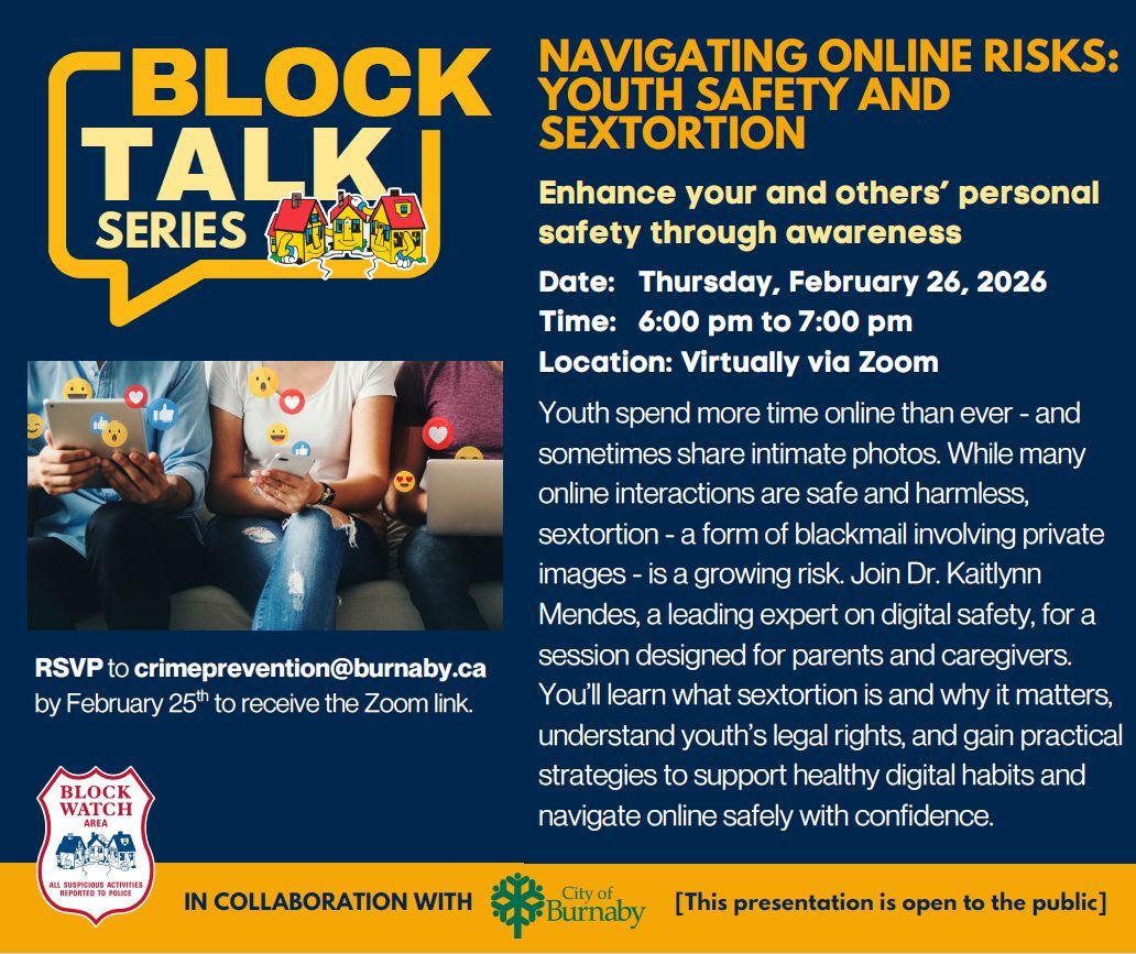 RmdBlockWatch's tweet image. Navigating Online Risks: youth Safety &amp;amp; Sextortion
Thursday, February 26th, 2026
6-7pm virtually via Zoom