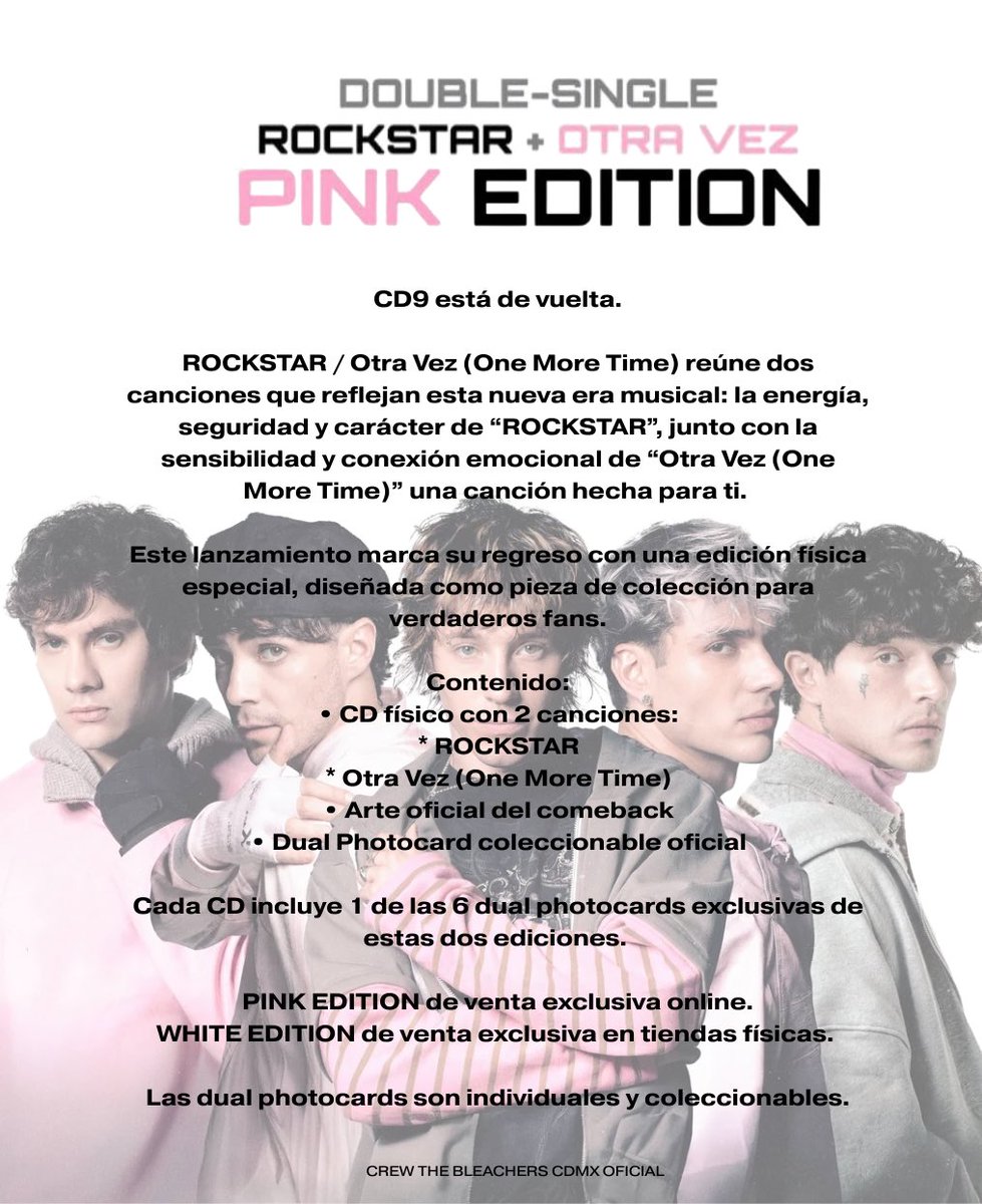 🩷coders ya por fin esta disponible la PREVENTA ROCKSTAR / Otra Vez (One More Time) - PINK EDITION + 1 Dual Photocard. 

En la tienda de @umusicmexico 📲 discover.mx 

$ 200.00 más el envío aprox $229

•Fecha estimada de salida: 13 Mar 2026

<a href="/CD9/">CD9</a> <a href="/alannavarro/">Alan Navarro</a>