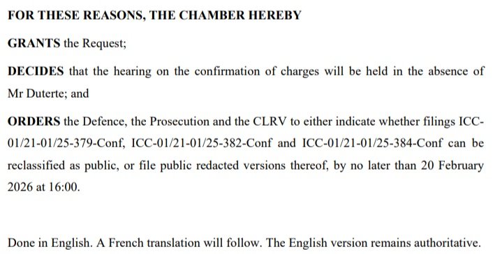 Fmr. Philippine president Rodrigo Duterte will not attend the ICC's confirmation of charges hearing from 23-24 and 26-27 February, whether in-person or through video conferencing, even as the ICC's schedule was fitted to account for Duterte's health.
