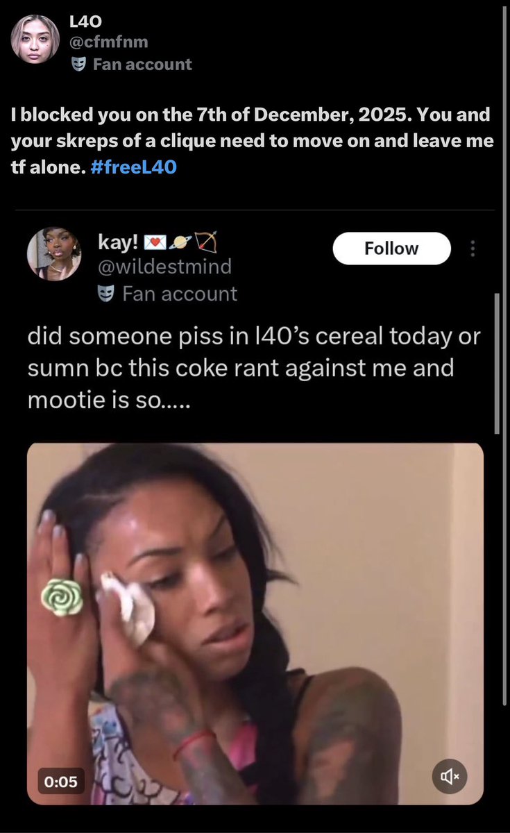 wildestmind's tweet photo. I also blocked you on the 7th of December, 2025. You and your bottom feeders need to move on and leave ME tf alone. #freekay https://t.co/EsbZl8JbMM