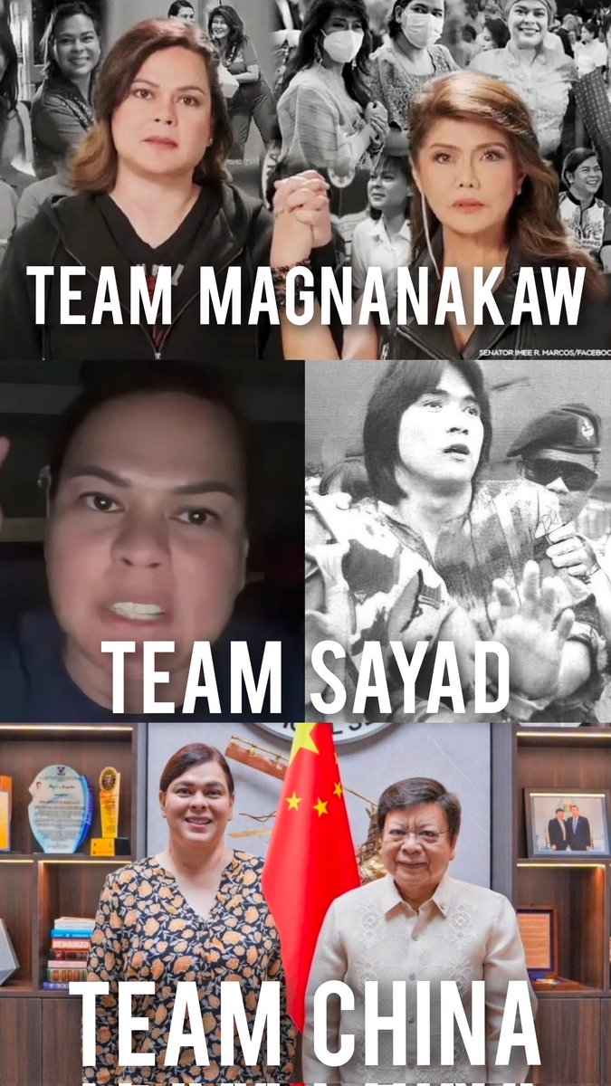 SaltAndReality's tweet photo. Pili tayo tandem ni Sayad Duterte:
Team Magnanakaw: Sara-Imee
Team Sayad: Sara-Robin
Team China: Sara-Marcoleta https://t.co/hZ6rTAdruq
