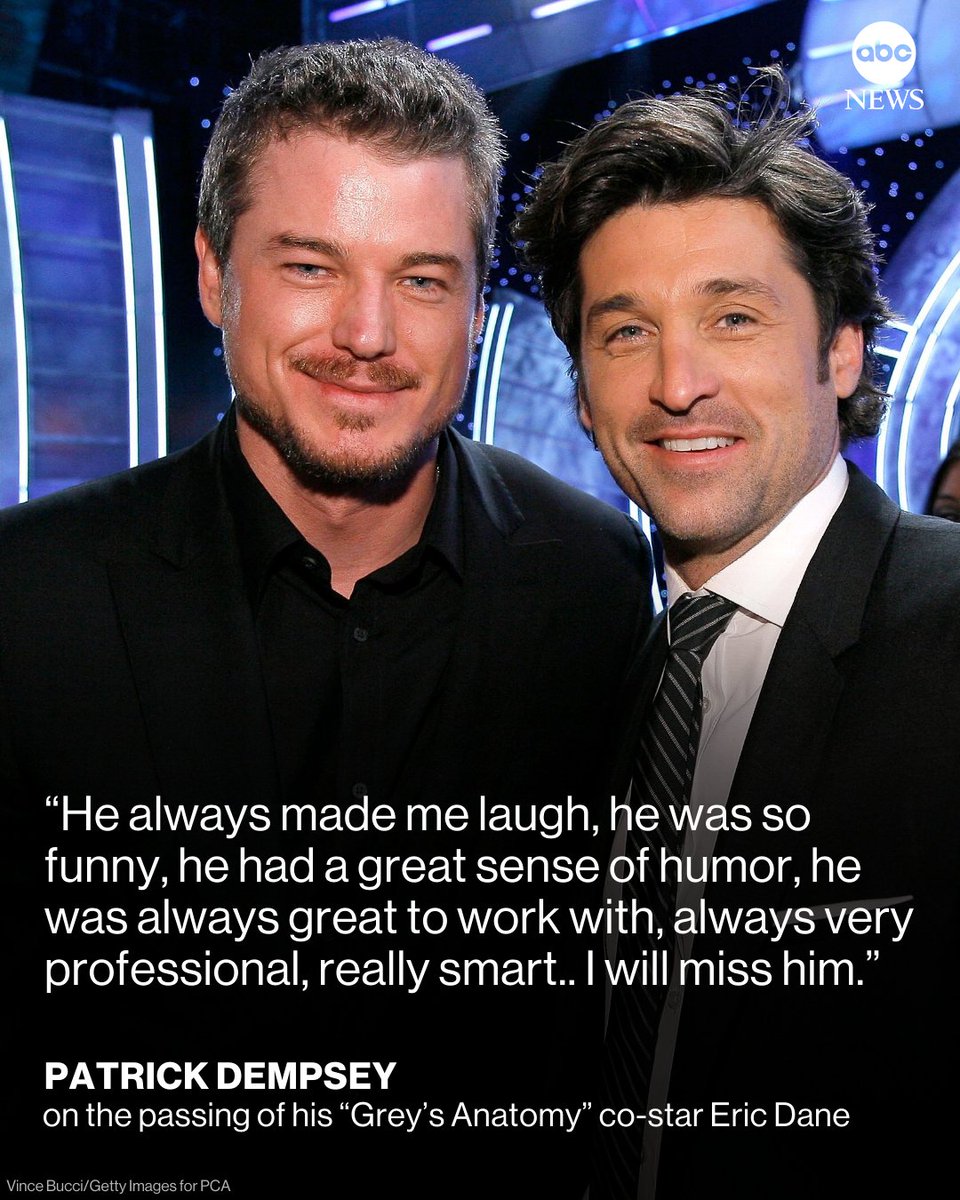 Patrick Dempsey paid tribute to former co-star Eric Dane, reflecting on how they fast bonded. "I will miss him, as will all the fans, but the great thing is we have him in all his glory on the show, so that when you watch it, he’s still very much alive." abcnews.link/BXBwq8S