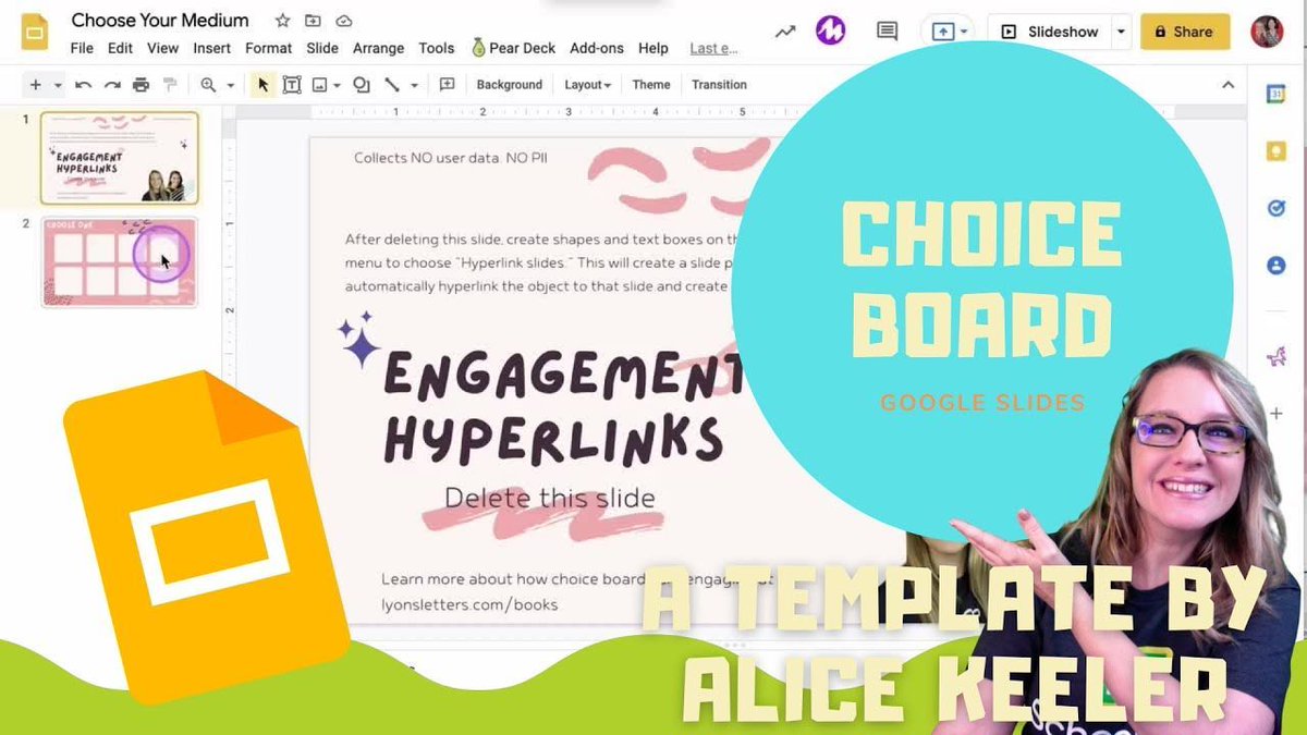 alicekeeler's tweet image. Choice is one way that can engage students. Check out this choice board template created by @alicekeeler and @lyonsletters that will automatically generate the hyperlinks for you. 

#googleEDU #TeacherTech #StudentEngagement 

youtube.com/watch?v=3dIWXR…
