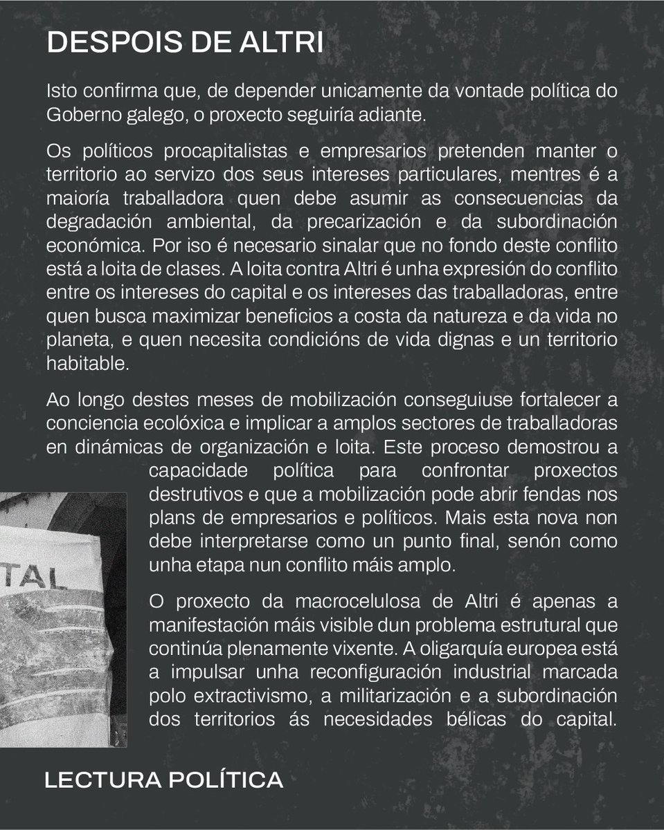 📑 | Hoxe publicamos unha lectura politica ante o arquivo por parte da Xunta do proxecto de Altri. Reivindicamos a necesidade de extender e reforzar a loita contra a destrucción medioambiental.