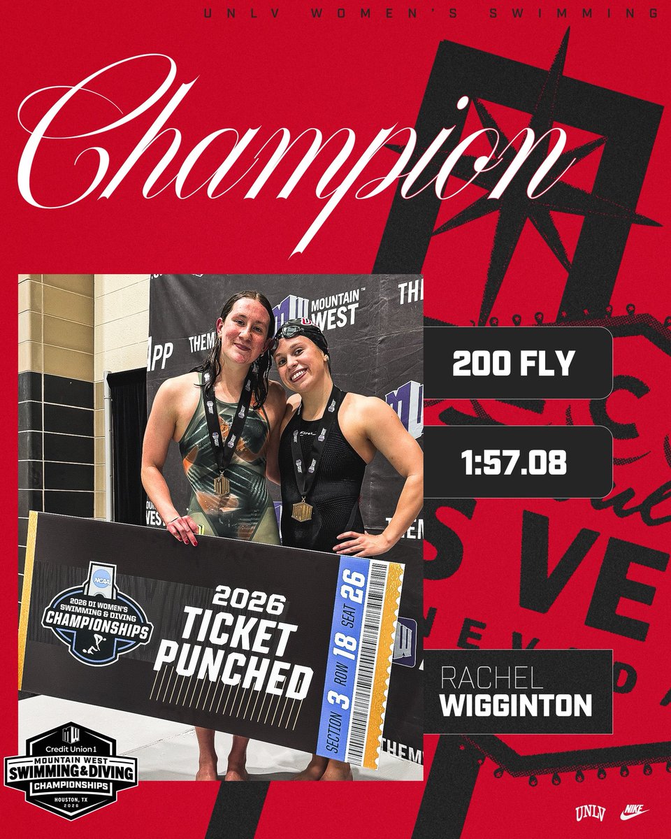 UNLV_Swim_Dive's tweet photo. THE FRESHMAN IS OFF TO NCAAs🤩 Congrats to Rachel Wigginton on winning a gold medal 🥇 in the 200 fly (1:57.08)‼️
#JustGoOff https://t.co/h02EByvBH6