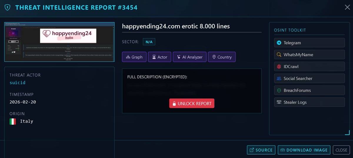 🇮🇹 THREAT ALERT: Happyending24.it - 8,000 Lines of Sensitive Data Leak

Victim: Happyending24.it (Italy) 🇮🇹
Threat Actor: suicid
Timestamp: February 20, 2026
Sector: N/A (Erotic Services / Adult Entertainment)
Volume: 8,000 Lines of exfiltrated data

A targeted data