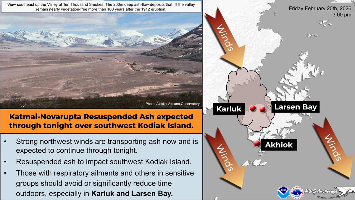NWSAnchorage's tweet image. 💨❗Resuspended ash is currently being observed over Southern Kodiak Island. 
Strong northwesterly winds will continue, but are expected to diminish tonight. 

For more information, please see the Special Weather Statement issued at, weather.gov/afc #akwx #ash