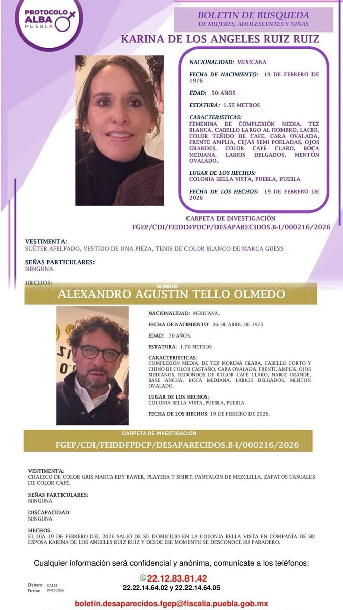 🚨🔎 Vinieron a #Tlaxcala a una #fiesta y desaparecieron: hijo clama ayuda para encontrarlos 😔 #Karina de los Ángeles Ruiz Ruiz y #Alexandro Tello Olmedo, originarios de #Puebla, fueron reportados como desaparecidos desde el pasado 19 de febrero, luego de salir de su domicilio