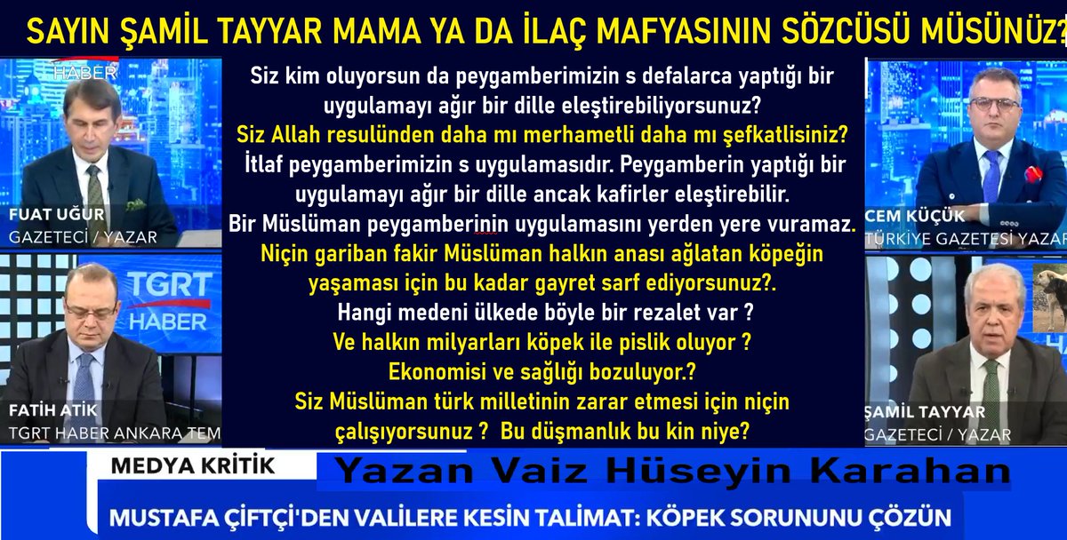 <a href="/aslihan_ercan/">Av.Arb.ASLIHAN ERGÜN ERCAN ⚖️</a> Sayın Şamil Tayyar, 
çok önceleri de bu tarz ihanetlerinizi dinledim.
Siz kim oluyorsun da peygamberimizin s defalarca yaptığı bir uygulamayı ağır bir dille eleştirebiliyorsunuz? 
.
Siz Allah resulünden daha mı merhametli daha mı şefkatlisiniz?
.
 İtlaf peygamberimizin s
