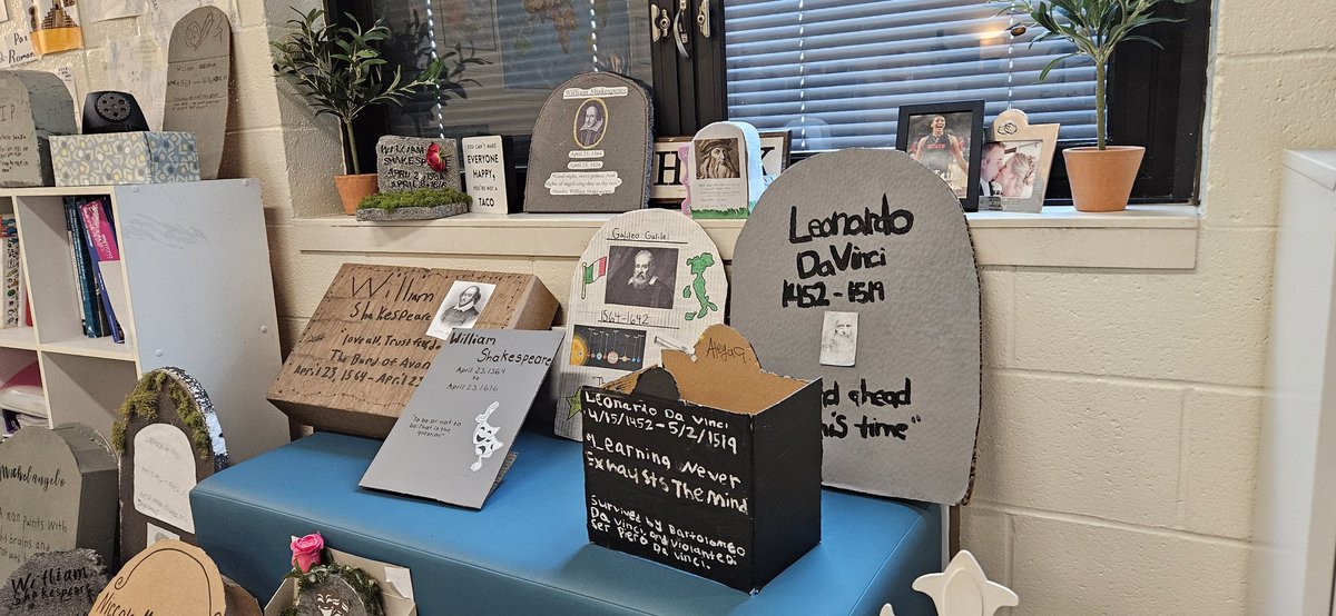MrsMInman06's tweet photo. SS in my 6th grade World History class researched and wrote obituaries for their favorite figures of the Renaissance. They also created tombstones to honor their figures. Welcome to the Hollow of the Learned Dead!! https://t.co/I8XIm0CaMM