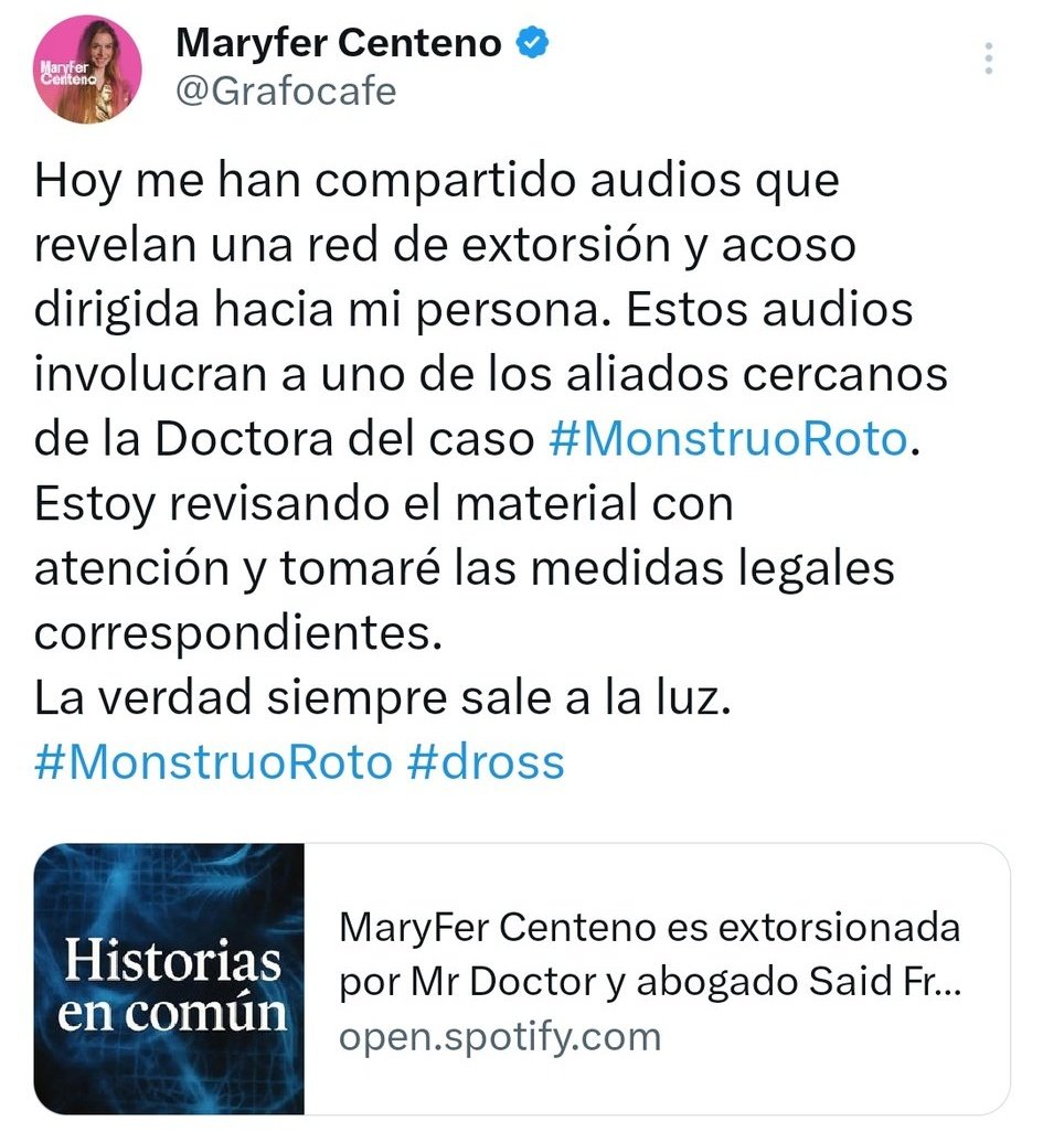 No me lo puedo creer, un año después y en busca de nuevo de tener repercusión, parece ser, intenta vincular lo de Dross a acusaciones de extorsión. ¿Nueva denuncia? ¿Se viene segunda parte?