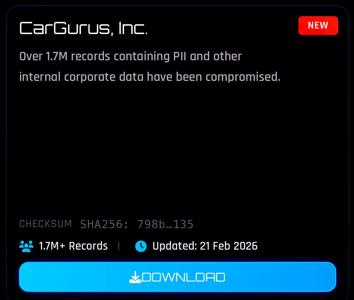 CarGurus data has just been leaked 

Over 1.7 million records dumped

~ /vault/DumpinDonuts$