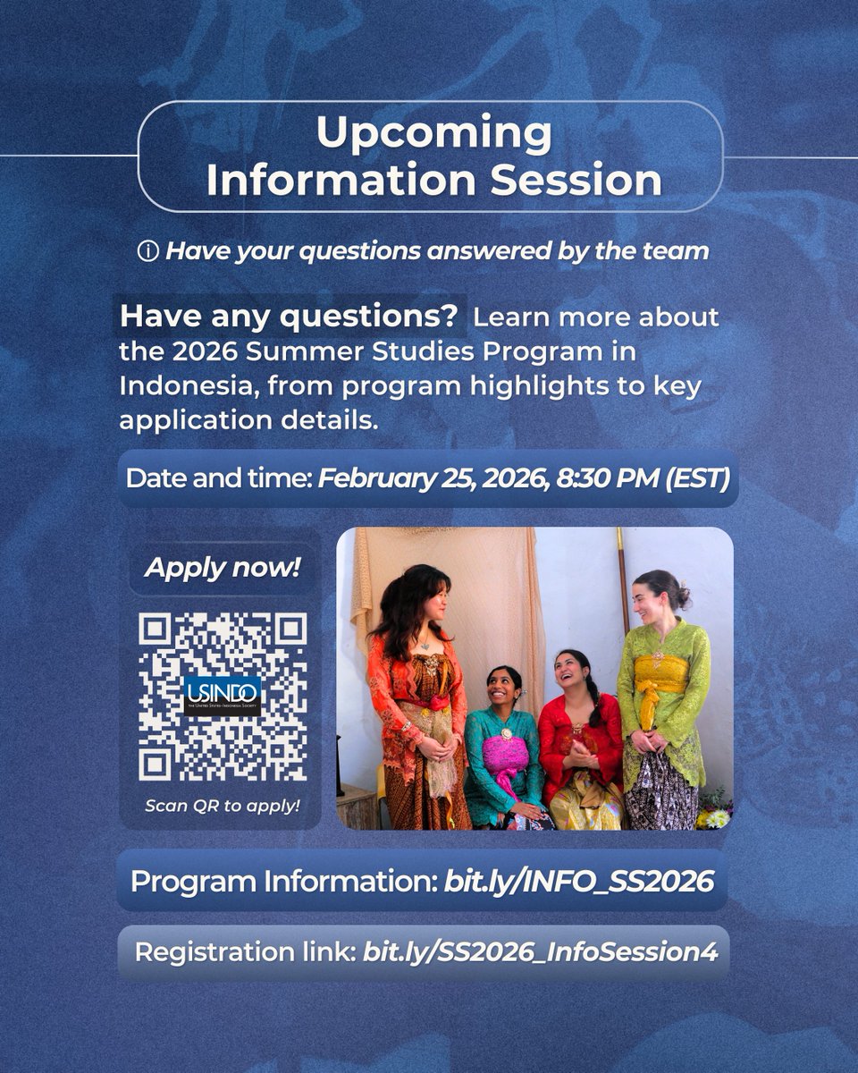 Looking for a summer that builds skills and global experience?

Study Bahasa Indonesia and experience Indonesia firsthand.

Deadline: Feb 28, 2026. Scholarships available.
Info session: bit.ly/SS2026_InfoSes…
Apply: bit.ly/USINDO_SS2026

#USINDO #StudyAbroad #SummerProgram