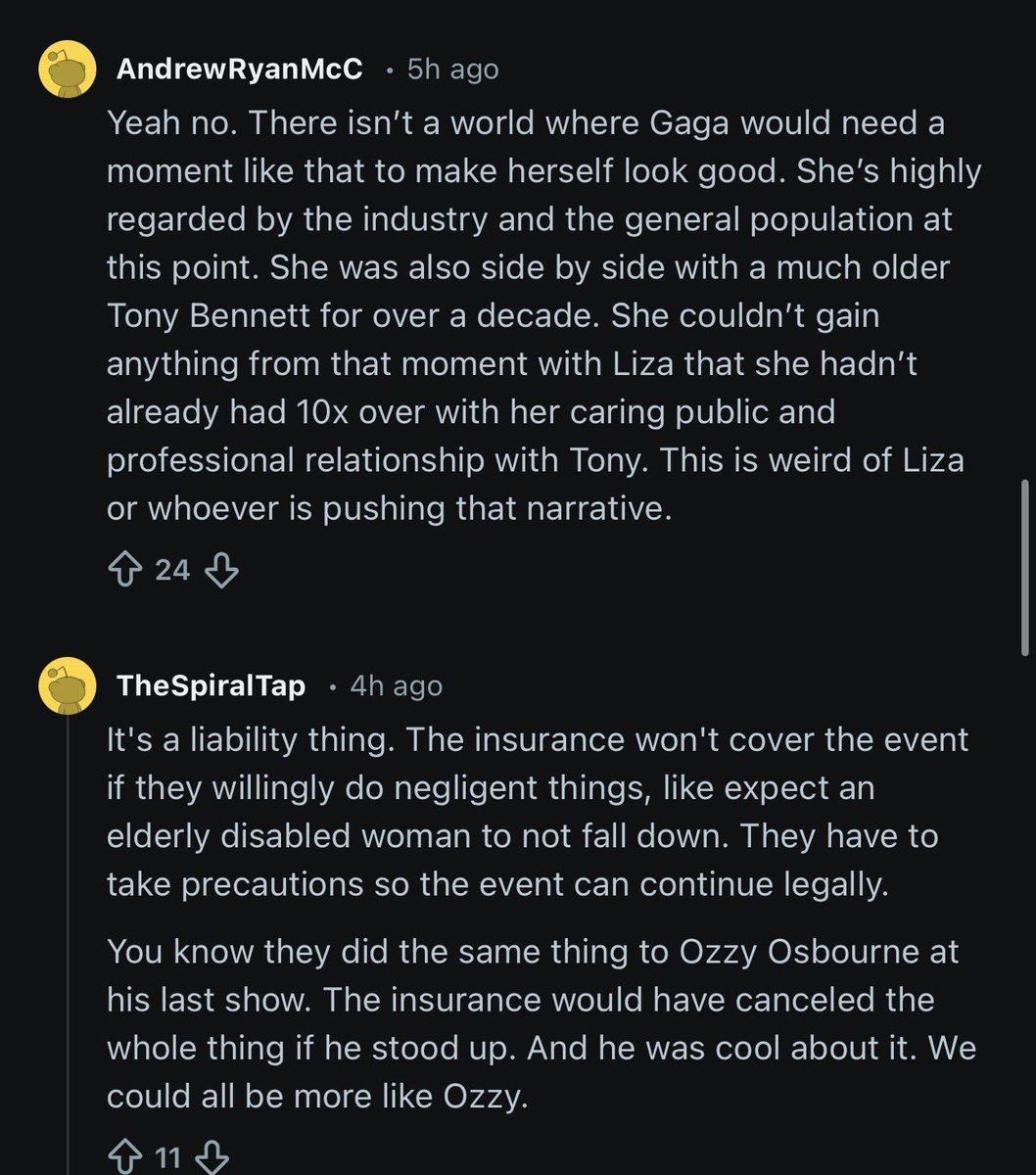 Comments on Reddit are very much defending Gaga in this situation. I think the whole thing is just an unfortunate misunderstanding of good intent. It would just take one minor mishap under insanely bright stage lights for someone who’s already deemed a fall risk in order for that