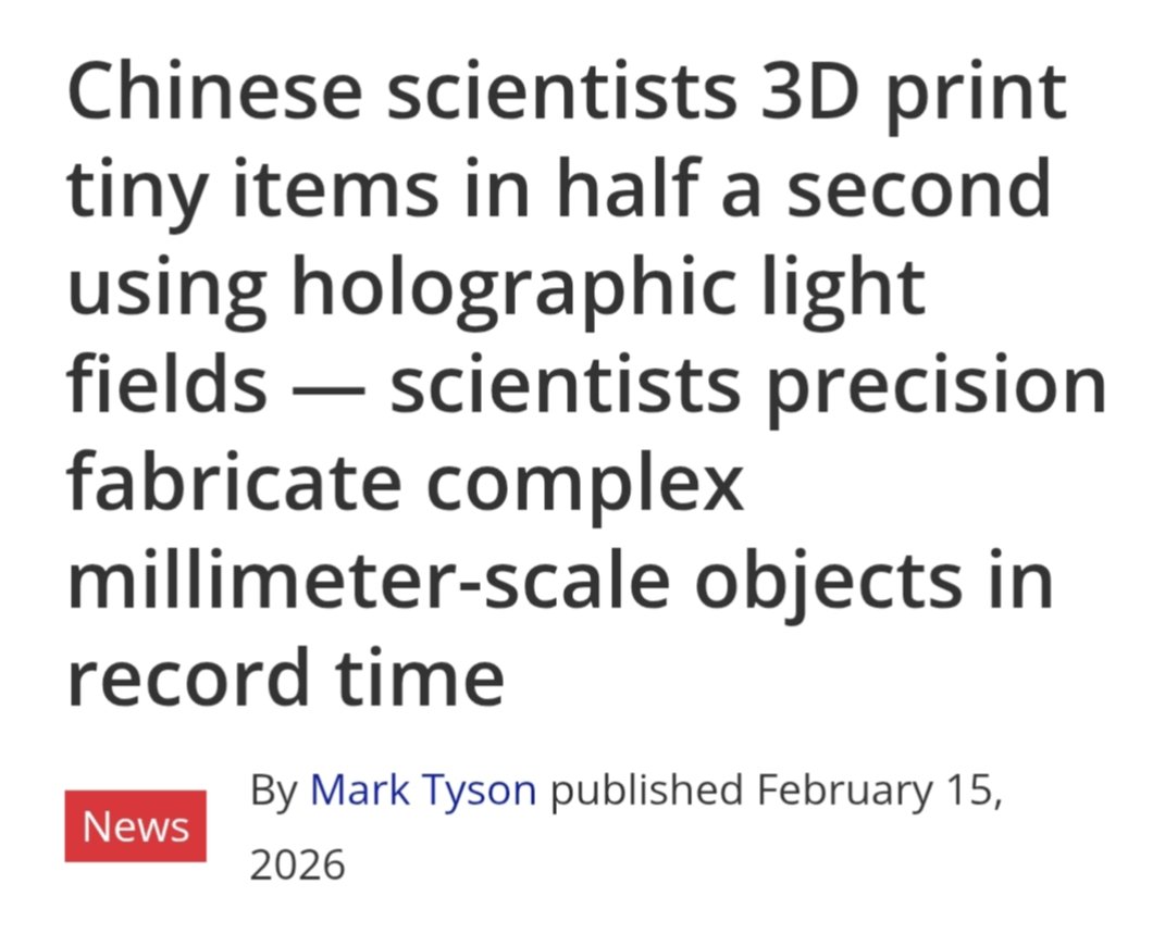 amazing, this is massive 

New 100x faster 3D printing method (than previous volumetric methods).

This will change manufacturing and the world. 

"Tsinghua University-based team say they can 3D print complex millimeter-scale objects within only 0.6s, in an academic paper