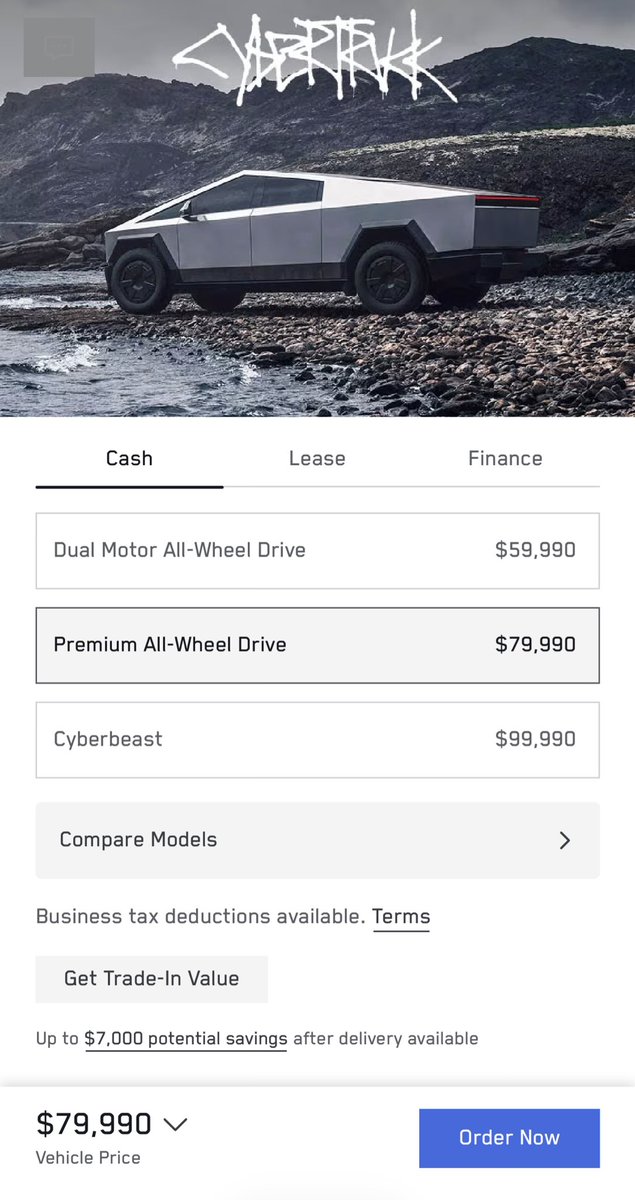 GustavoChagoya's tweet photo. Obvious what Elon’s cryptic “Only for the next 10 days” and attempted backtrack with “depends on demand” re the new $59,990 Cybertruck AWD really means.

Model Y proves the playbook
• RWD $39,990 • AWD $41,990 • Premium RWD $44,990 • Premium AWD $48,990 • Perf AWD $57,490

Cybertruck today:
• Dual AWD $59,990 (10 days only) • Premium AWD $79,990 • Cyberbeast $99,990

Last year’s stripped single-motor RWD ($69,990, manual tonneau, no Vault power, cloth seats) flopped hard and was killed after 5 months. Buyers want the real truck.

The 2019 unveil always promised a full-featured base RWD. 

So here’s the obvious next step that mirrors Model Y:
• Single Motor RWD (powered tonneau/Vault, adaptive suspension, Powershare, full utility): ~$54,990 • Dual AWD: $59,990 • Premium RWD: ~$69,990 • Premium AWD: $79,990 • Cyberbeast: $99,990

Real entry price for contractors & families. 4680 costs falling + production ramp = these numbers work.

Elon’s 4-word reply isn’t random — it’s the signal the full tiered lineup is coming. Entry price dropping but not on the dual motor AWD.

$54,990 feature-complete RWD the missing piece?

@elonmusk @Tesla @cybertruck @SawyerMerritt @WholeMarsBlog @DirtyTesLa @Farzyness @DevinOlsenn @ChuckCook