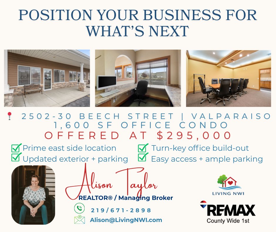 AlisonsHomes's tweet photo. Position your business for what’s next.

1,600 SF office condo | Valpo
Prime east side | Turn-key
📲 219-671-2898
Still out here. Still working. Still getting it done.
#CommercialRealEstate #ValparaisoIN #NorthwestIndiana #CRE #SmallBusiness #InvestLocal #LivingNWI #REMAX https://t.co/frXPMHkKwR